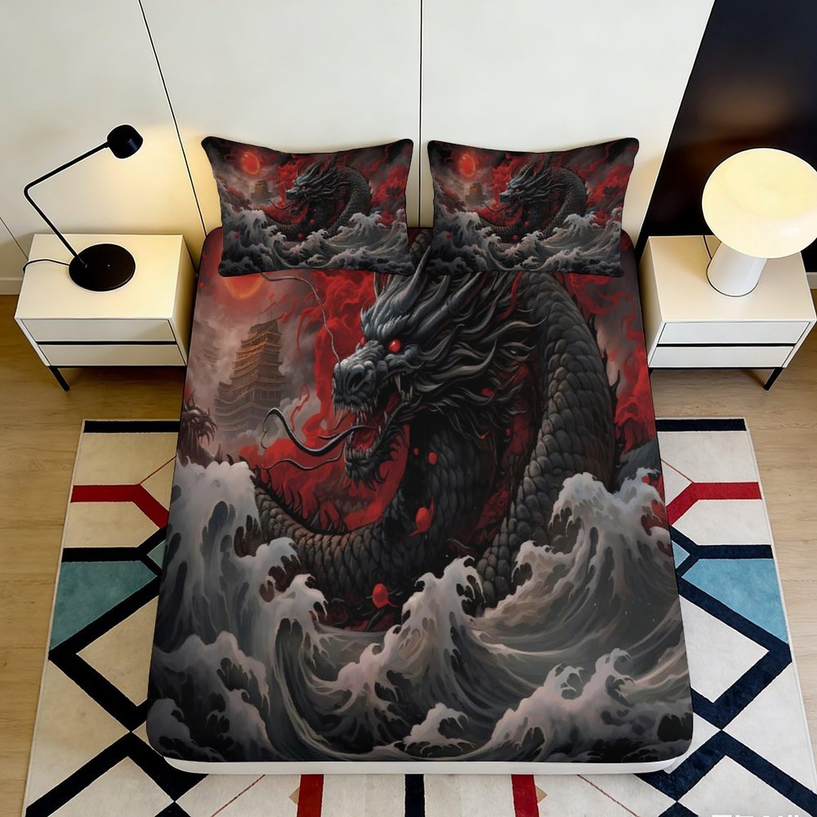 Dragon Fitted Sheet 3D Printed Microfiber Soft Touch, Bed Cover for Bedroom, Guest Room, Wrinkle Resistant, Apartment Bedding, Black Red 90x200x25cm