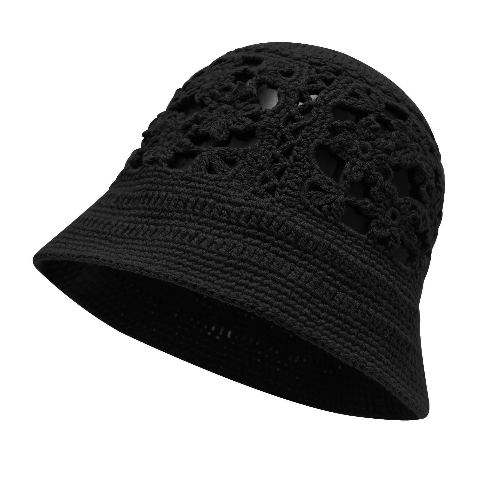 ZLYC Women Cotton Crochet Knit Bucket Hat Floral Black One Size