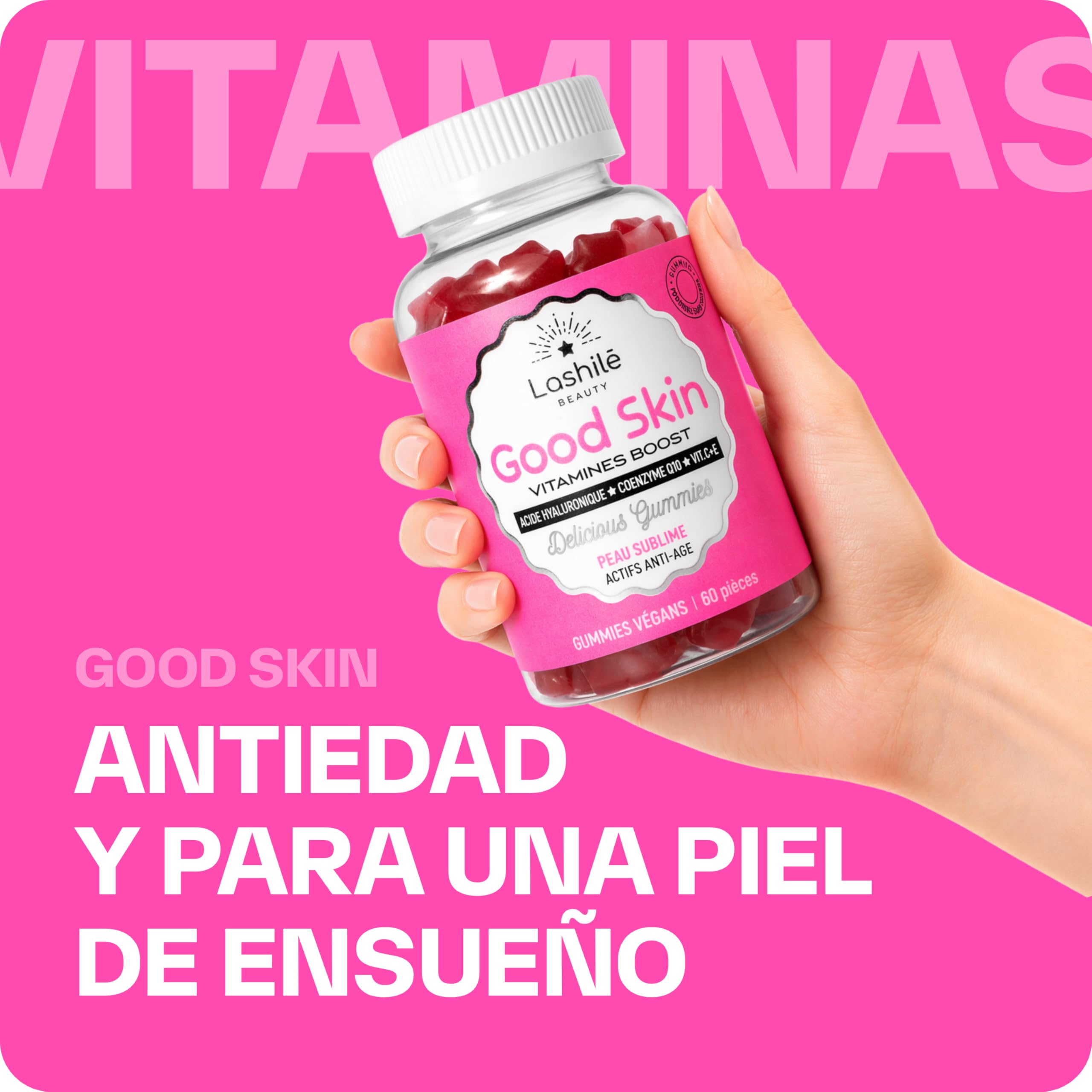 Lashilé Beauty - Complementos Alimenticios - Antiedad global, firmeza y luminosidad de la piel - Good Skin Vitamines - Ácido hialurónico, Q10, Vitaminas C y E - Fabricado en Francia - 120 Gummies