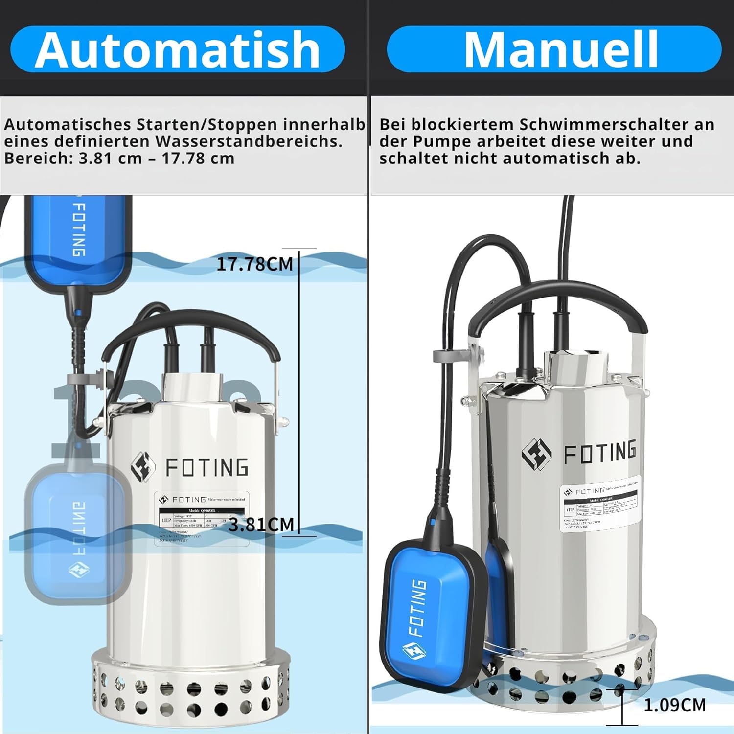 FOTING Edelstahl Tauchpumpe 900 W, 13.000 l/h, Förderhöhe bis 9 m, Eintauchtiefe bis 7 m, mit Schwimmerschalter, für Pool, Keller und Entwässerung
