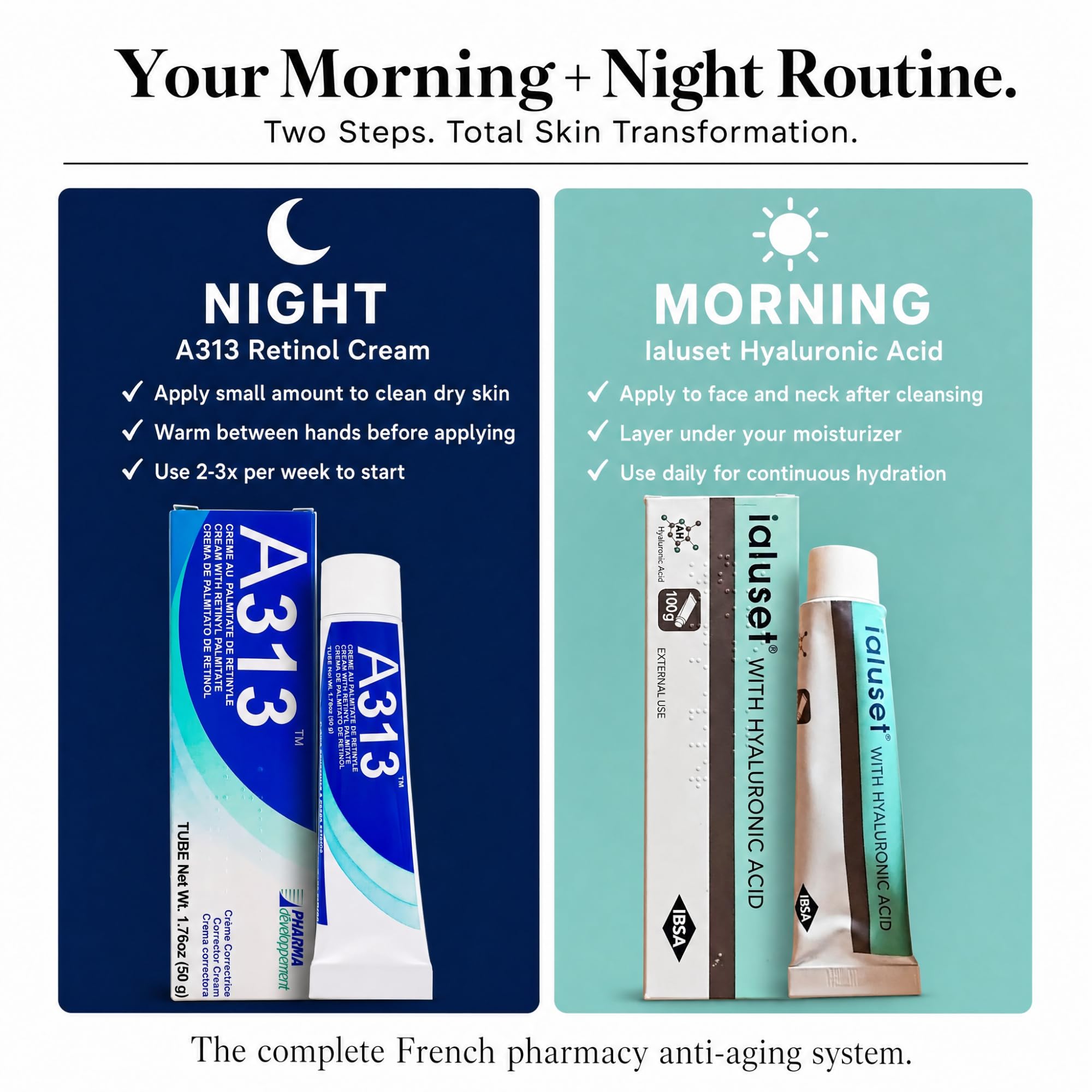 A313 Retinol Cream + Ialuset Hyaluronic Acid Cream Bundle – French Pharmacy Skincare Duo – Vitamin A & HA Night Cream Set