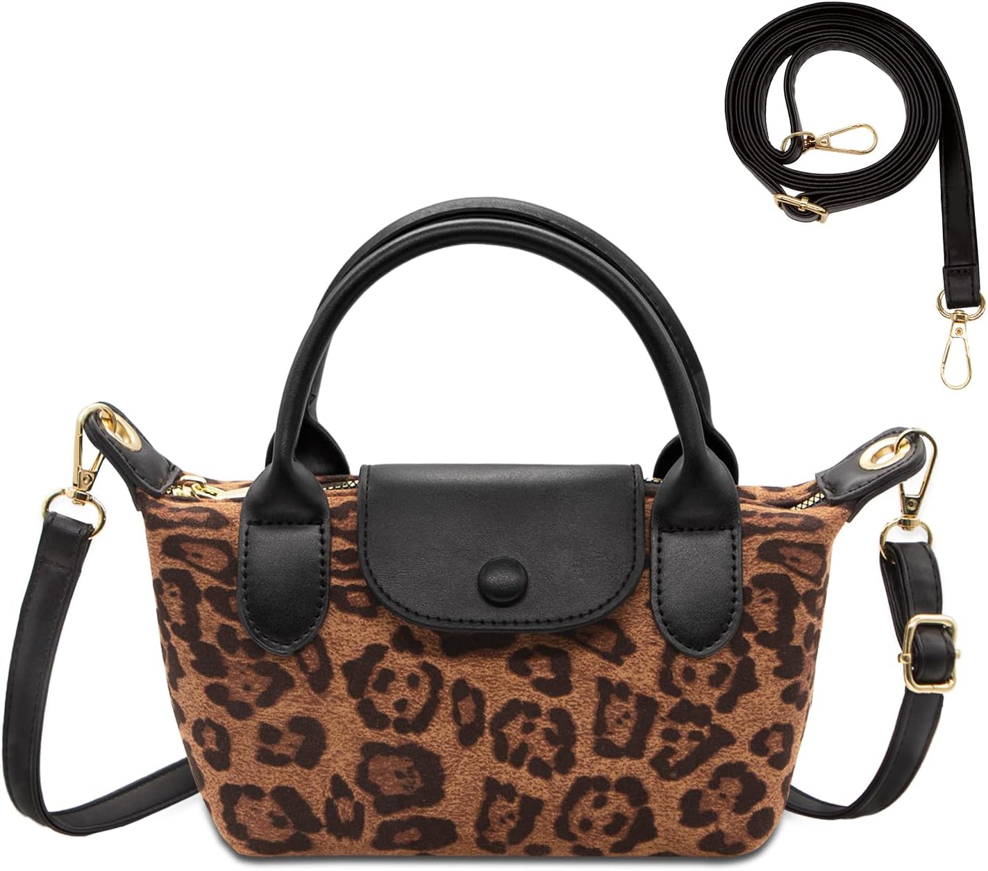 long keeper mini crossbody bag for women vegan leather small shoulder handbag top handle tote hobo purse phone clutch bag leopard (black handle)