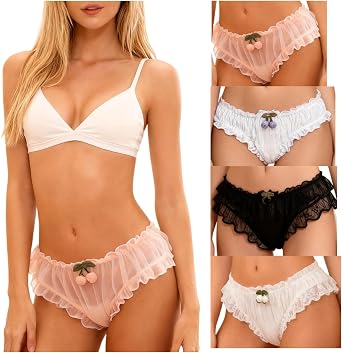 Cute Panties Womens Underwear for Women 4 Packs Briefs Kawaii Japanese-Style Ruffle Frilly Lace Cherry
