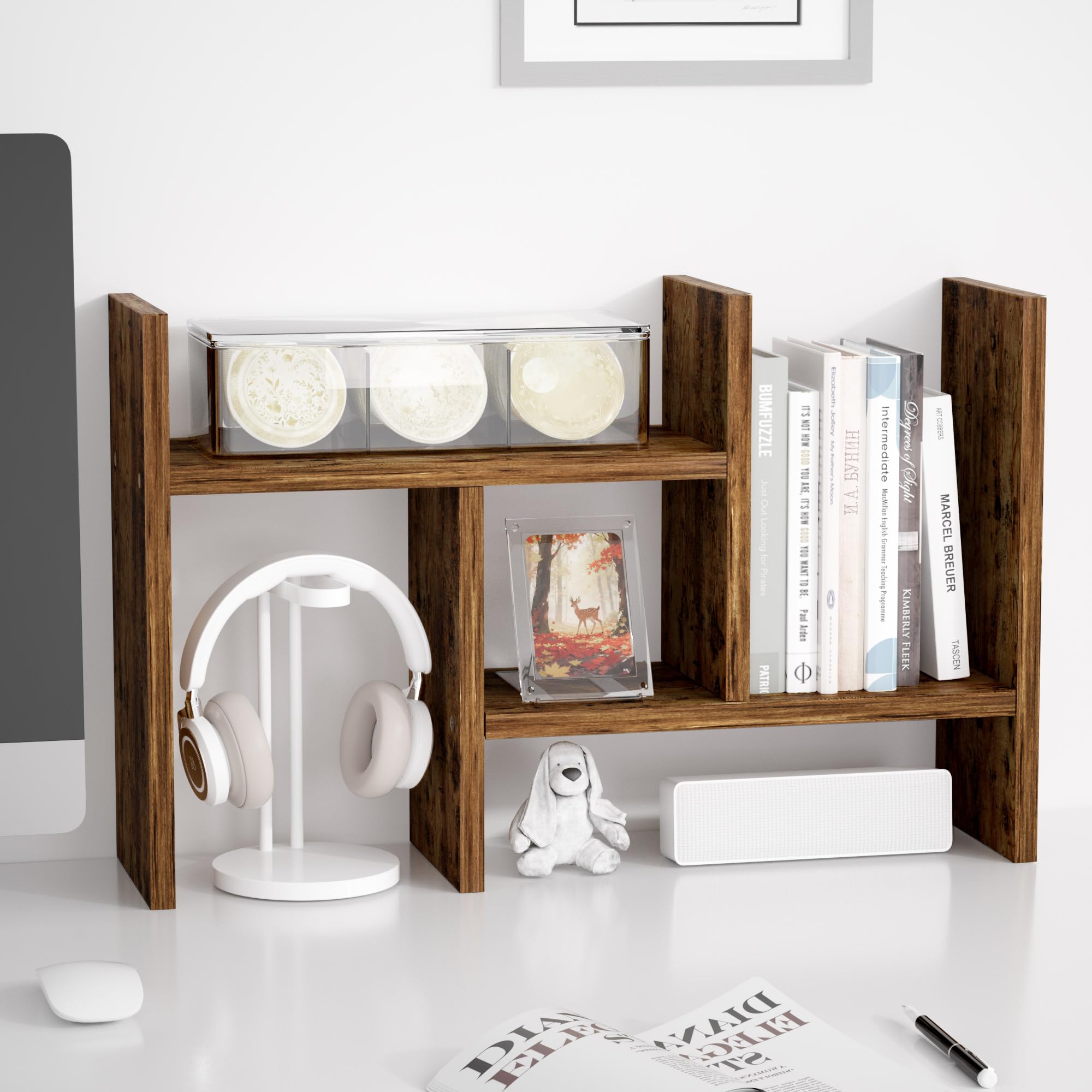 Jerry & Maggie Desktop Organizer Office Storage Rack Adjustable Wood Display Shelf Free Style Double H Display True Natural Stand Shelf, Natural Wood Tone