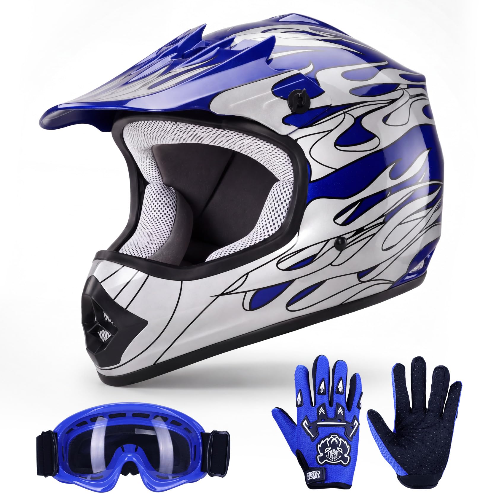 TCT-MOTORPARTS DOT Kids Youth Motocross Helmets ATV Off-Road Dirt Bike Motorcycle Full Face Blue Flame Helmet+Gloves+Goggles Large