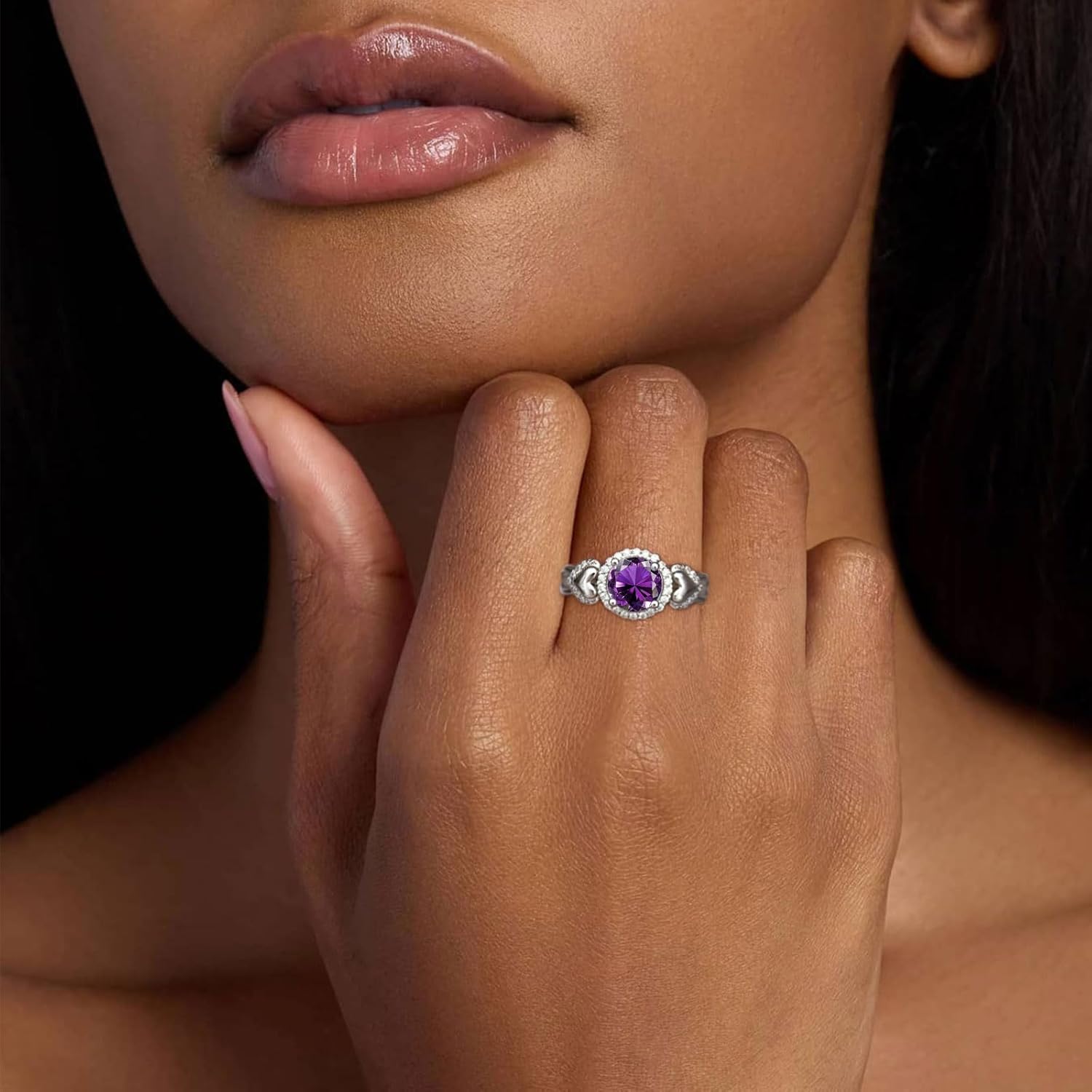 Natural Amethyst Promise Ring for Women 6.5mm Round Shaped Healing Amethyst Rings 925 Sterling Silver - Image 3