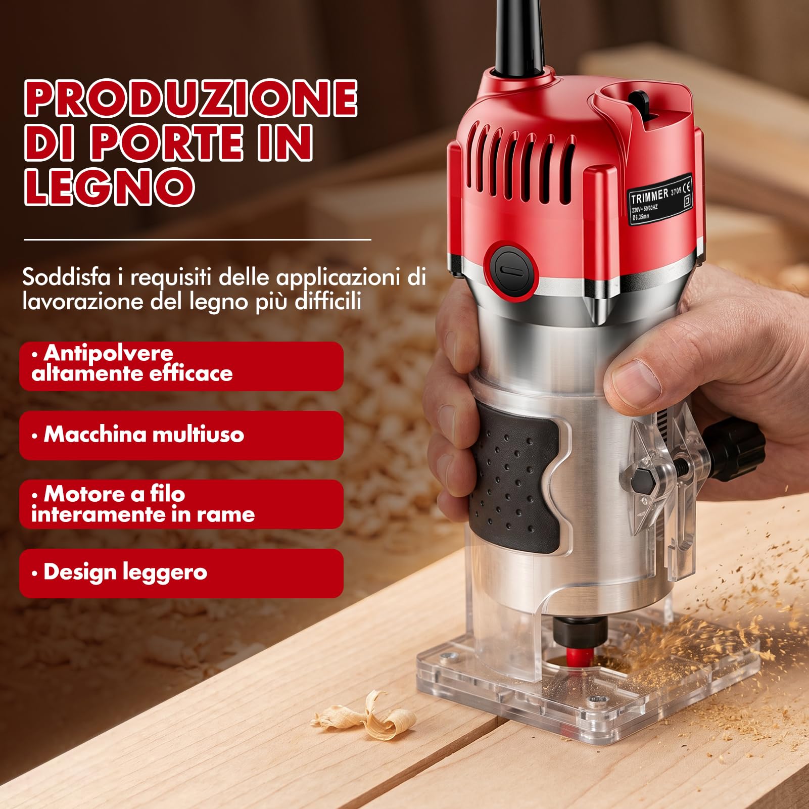 Fresa Elettrica per Legno 800W, Fresatrice Manuale 30000 Giri/min con Guida a Rullo e Guida Lineare, Rifilatore per Legno con Pinza 6,35mm, Fresa per Scanalature Bordi Profili e Incisioni