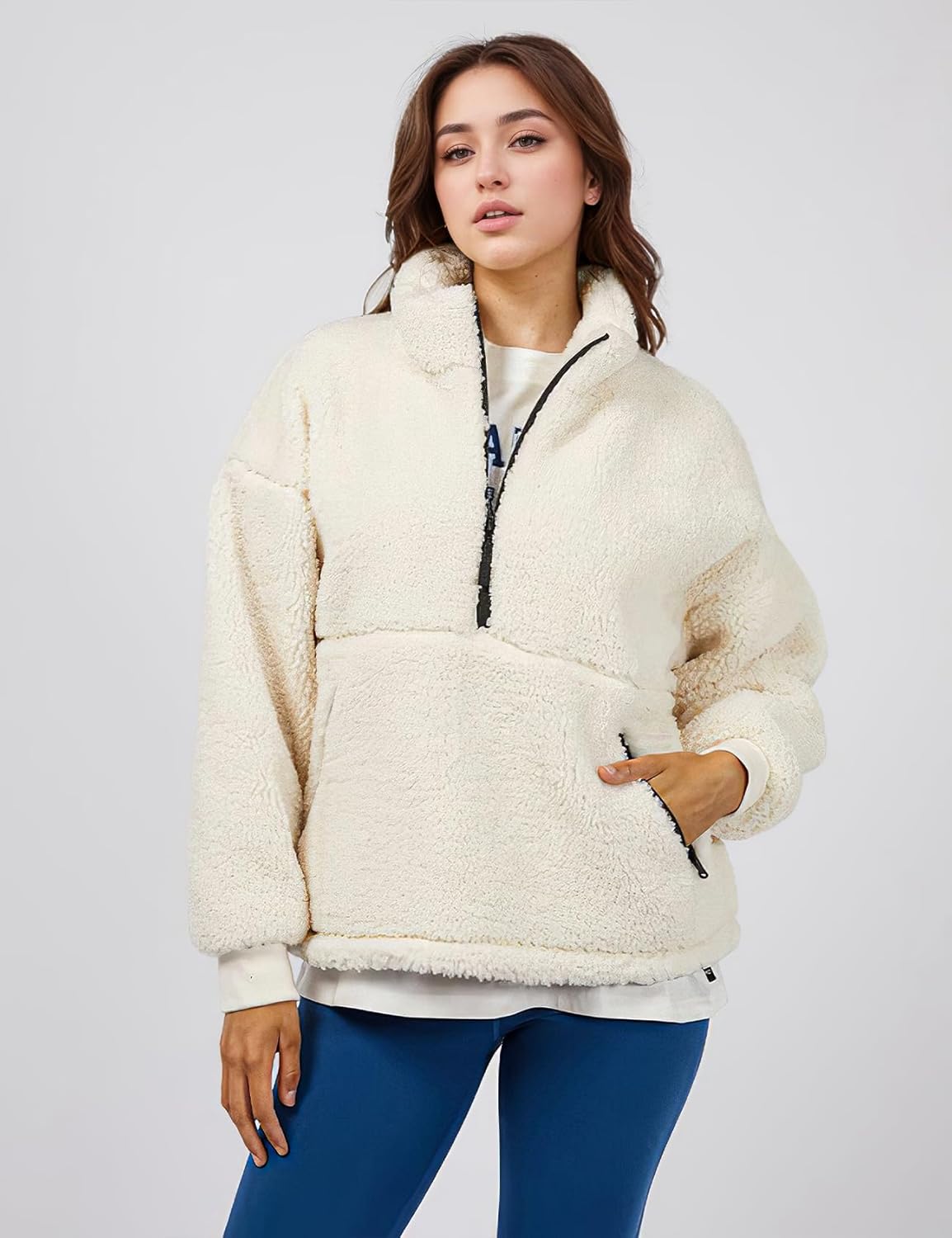 PEHMEA Women's Half Zip Sherpa Fleece Pullover Warm Oversized Sweatshirts Soft Fuzzy Jackets for Fall Winter 2025 - Image 2