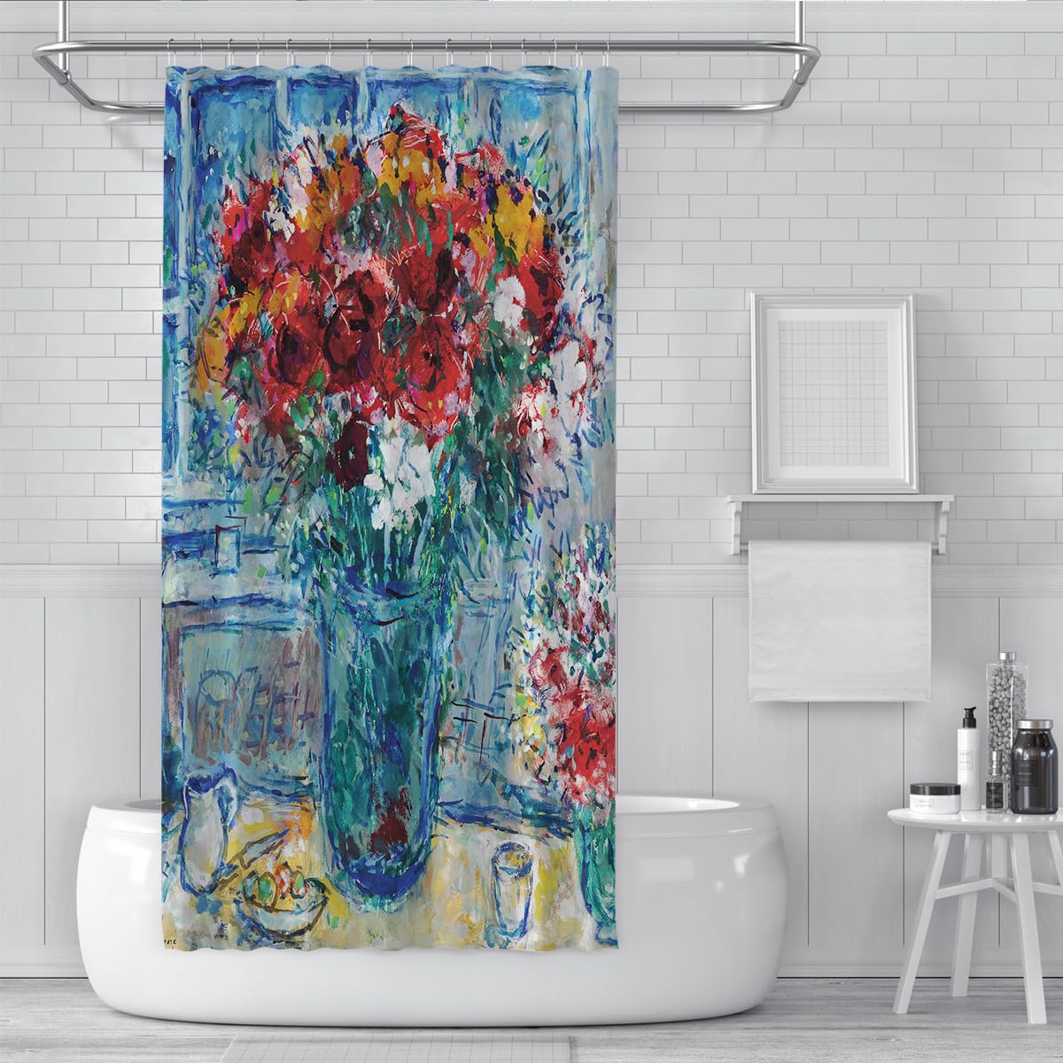 Romantischer Retro-Duschvorhang Surrealistische Kunst Badezimmervorhang Roter Rosenblumenstrauß Blaue Glasvase Malerei Stoff-Badevorhänge 200 x 220 cm