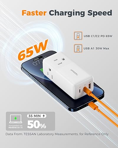 Miniatura 3 de TESSAN Estación de carga USB PD 65W, bloques de cargador USB C con 3 tomas de corriente AC, cargador rápido de escritorio para teléfono con enchufe