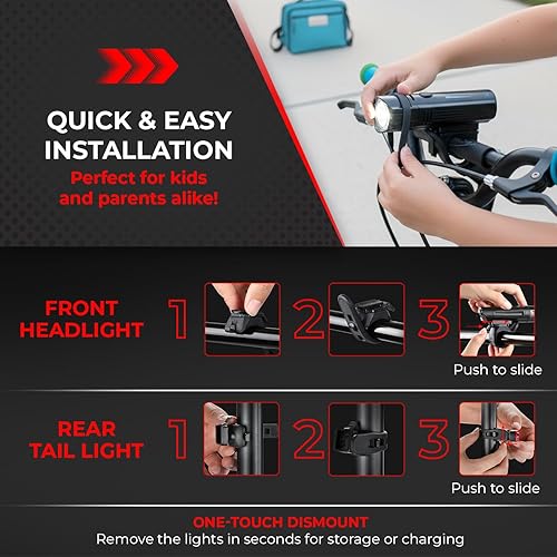 Miniatura 5 de Juego de luces de bicicleta para niños y adolescentes  Faro delantero ultrabrillante recargable por USB y luz trasera  4 modos de luz para