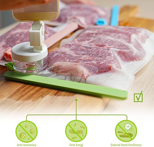 Miniatura 8 de SealVax Paquete de 6 bolsas reutilizables de sellado al vacío para alimentos, incluye bolsas azules, verdes y rosas, con bomba de vacío de mano,