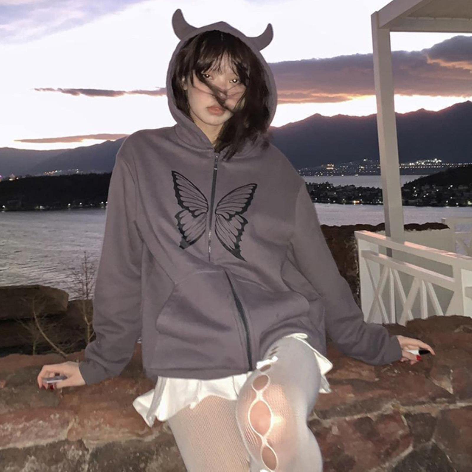 Abbigliamento Donna, Felpa con Cappuccio con Cerniera e Stampa a Farfalla da Donna Hip-Hop, Maglione Oversize da Donna, Grigio, S
