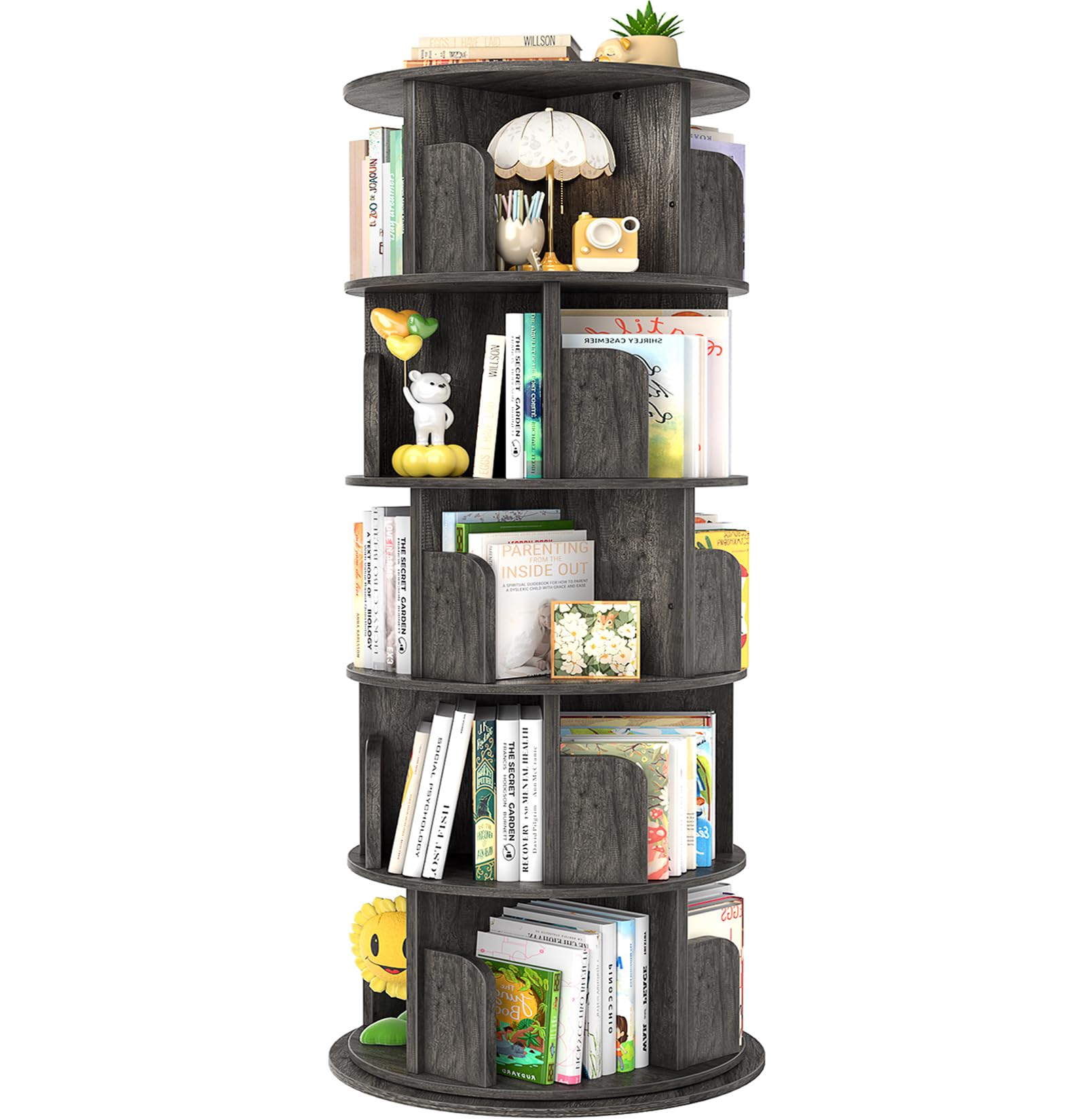 Aheaplus Rotating Bookshelf, 360 Display Wood Spinning Bookshelf Tower, 5 Tier Floor Standing Bookcase Storage Rack, Revolving Bookcase Corner Bookshelf for Small Space, Bedroom, Study Room,Black Oak
