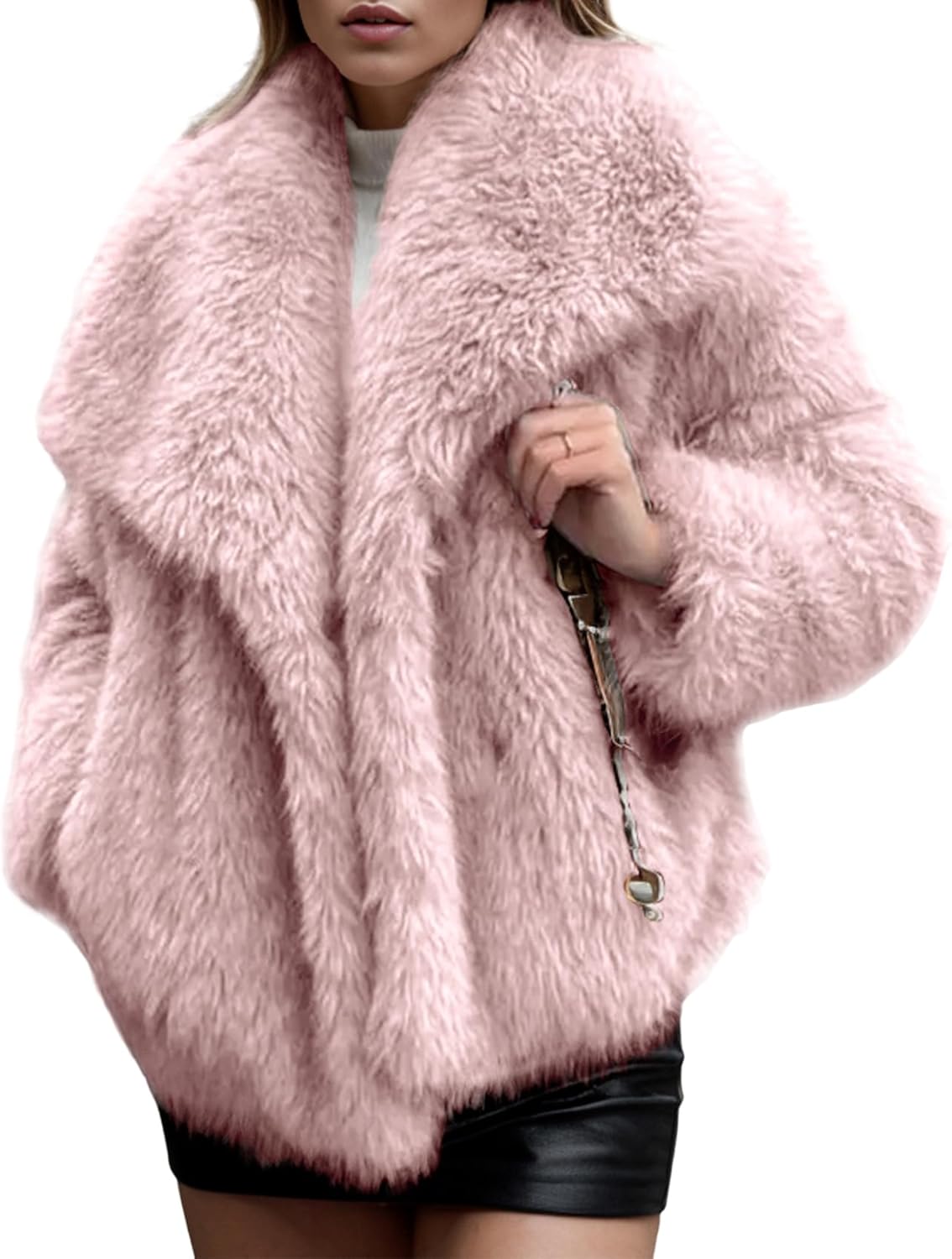 Arssm Women's Faux Fur Coat Fluffy Shaggy Jacket Long Sleeve Lapel Coats Winter Warm Outwear