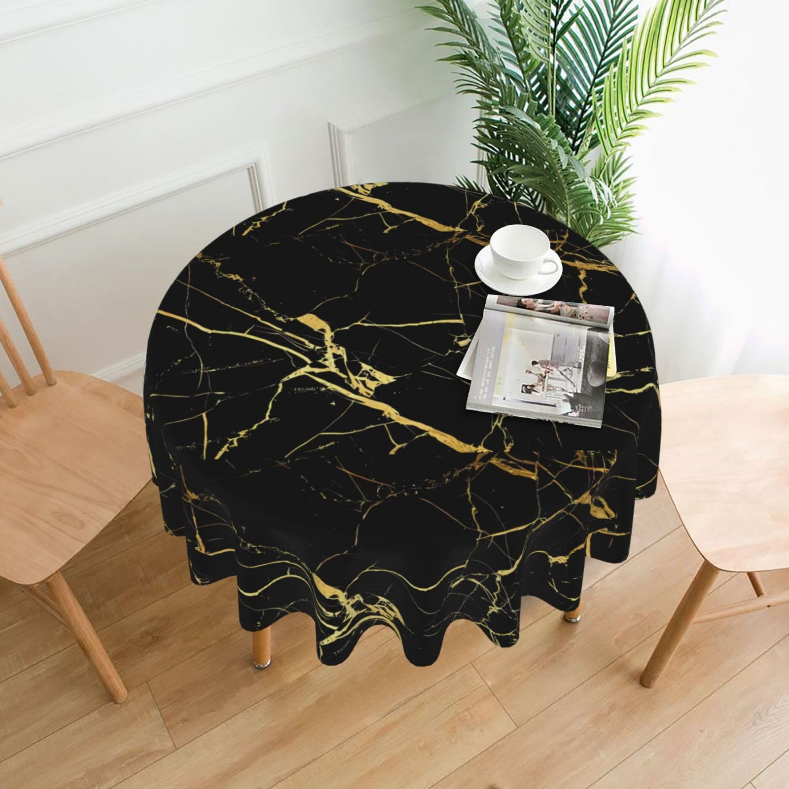 WHJSHOP Black Gold Marble Prints Round Table Throw 60 Inch – Waterproof Table Cover for Dining, Coffee Tables, Parties & More - Soft, Wrinkle-Resistant Table Layer