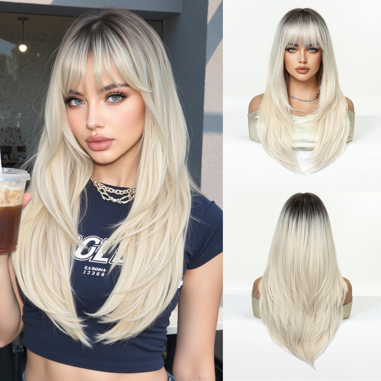 Esmee Long Straight Platino Blonde Wigs for Women with Fringe Natural Synthetic Hair Ombre Wig for Daily & Party Use