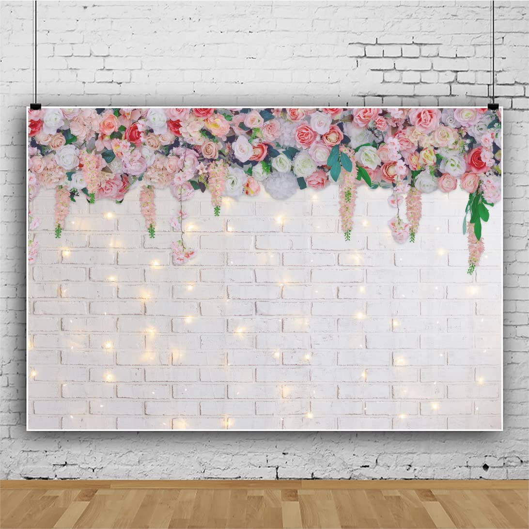 Yeele Glitzer-Hintergrund 3x2,4 M – Weiße Ziegelwand Mit Blumen, Für Fotografie & Partys