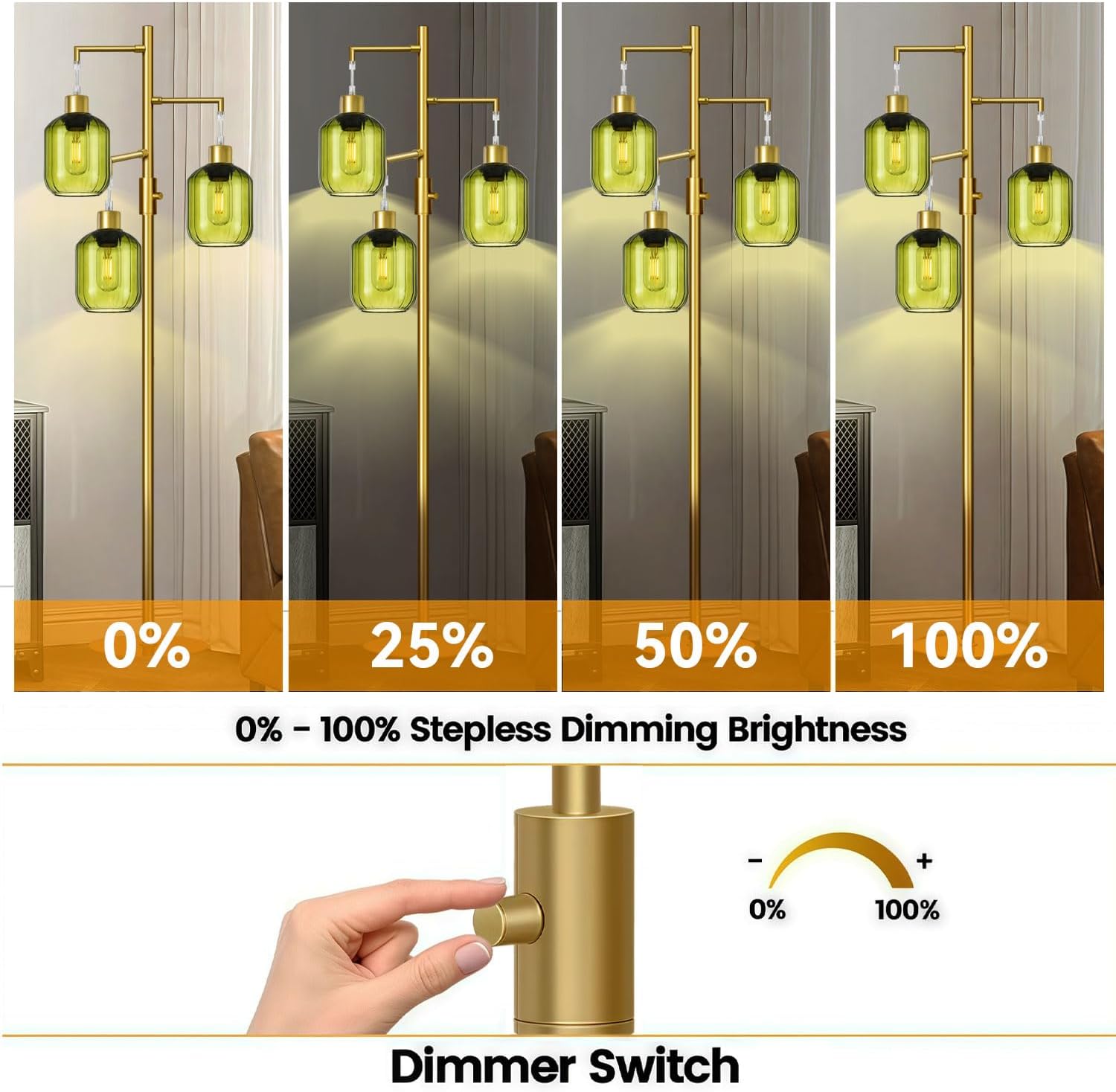 Glass Floor Lamps for Living Room, Modern Standing Lamps with Green Shade, Dimmable Green Tall Floor Lamp, Mid Century Gold 3 Lights Tall Tree Lamp with 3 LED Bulbs