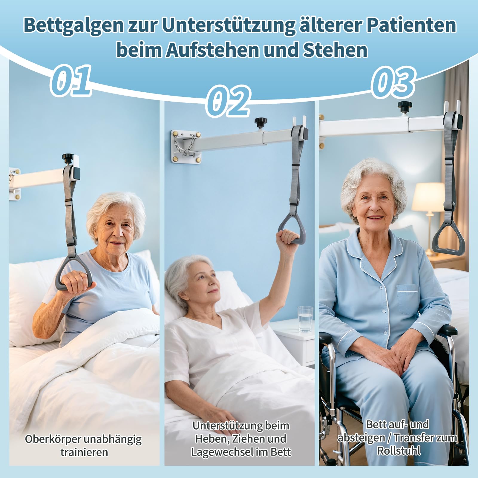 Bettgalgen für ältere Menschen, Galgen für Bett Wandmontage, Stehhilfe Bett zum Aufsetzen und Aufstehen, komfortabler & breiter Triangelgriff, höhenverstellbar & tiefenverstellbar, Tragkraft 100 kg