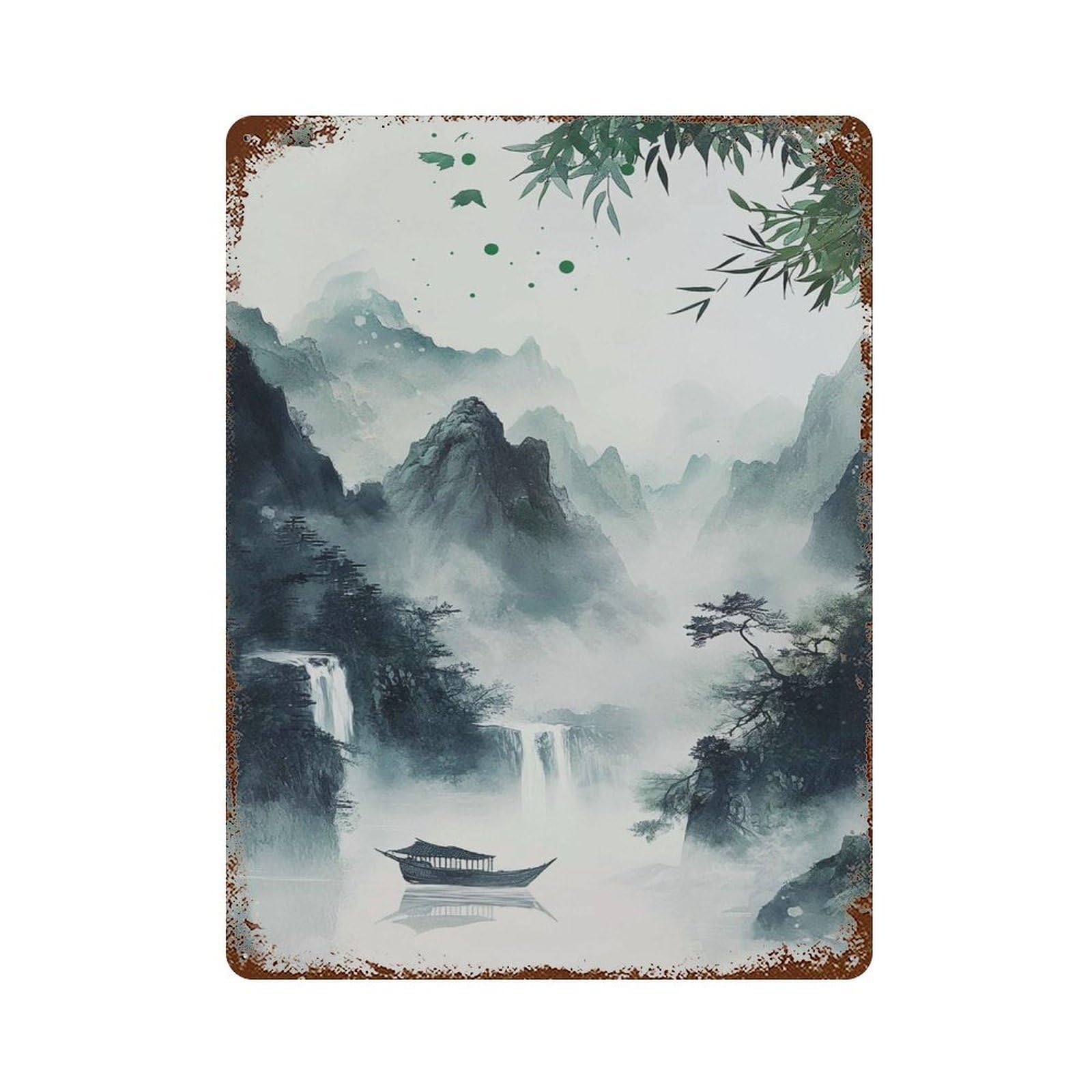 xiaoxiaoshen Misty Mountain Lake Landscape Green Nature Vertical Asian Boat Living Room Bedro Wall Decor Art Metal Tin Poster Modern Home Decor Art Home Bar Shop Decorations Vintage Sign 40x30cm
