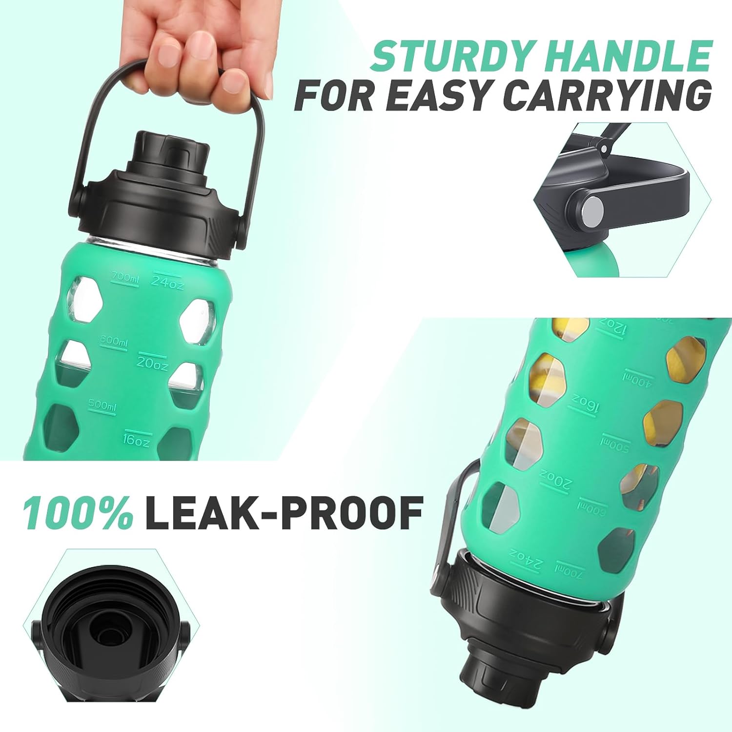 MUKOKO Glass Water Bottles, 24oz Glass Tumbler with Straw, Drinking Bottles with 2 Lids-Handle Spout Lid&Bamboo Straw Lid, Motivational Water Bottle with Time Marker and Silicone Sleeve, 1 Pack-Green - Image 4