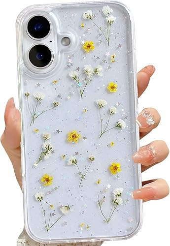 Miniatura 16 de Funda transparente para iPhone 16 Pro Max con diseño de flores reales presionadas, patrón floral rosa brillante y lindo, funda protectora de TPU