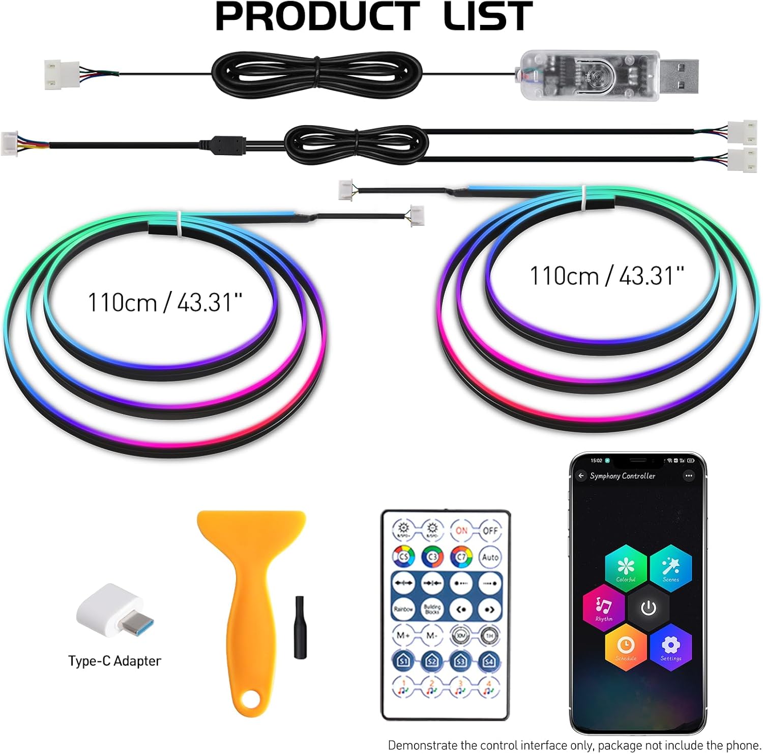 Dreamcolor Interior Acrylic Car Light Strip, 2 in 1 Car LED Strip Light with APP Control 43.3 Inches Fiber Optic Ambient Lighting Kits, Multi-Modes Sound Sync Neon Lights