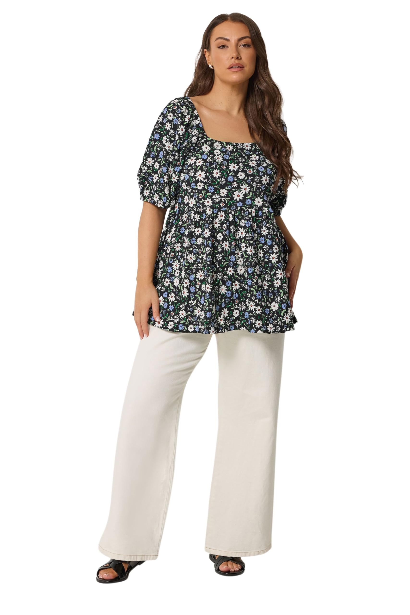 Yours Women's Ditsy Floral Peplum Top in Black | Size: 14