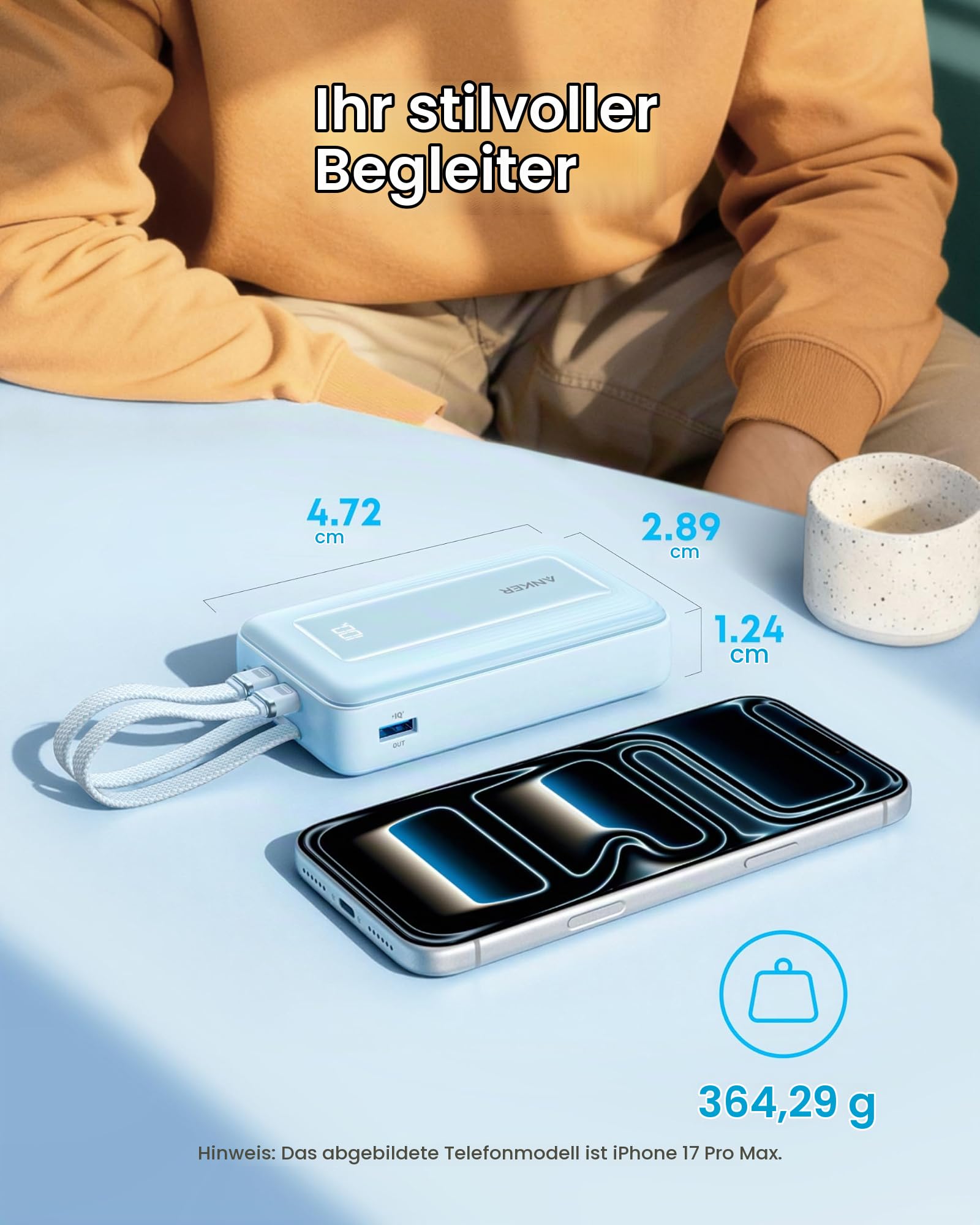 Anker Zolo Powerbank 20000mAh 45W Max, 2 integrierte USB-C Kabel – Ansicht 6