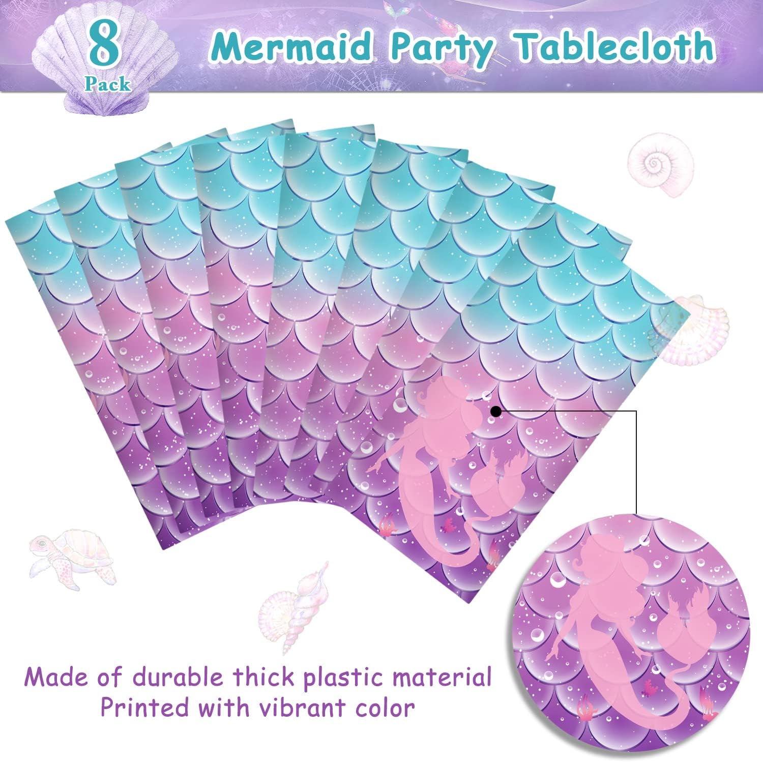 Jectivs 8Pcs Mermaid Birthday Party Tablecloth Decorations,Disposable Plastic Table Cover for Princess Under The Sea Baby Shower Themed Birthday Party Supplies,108x54 Inch