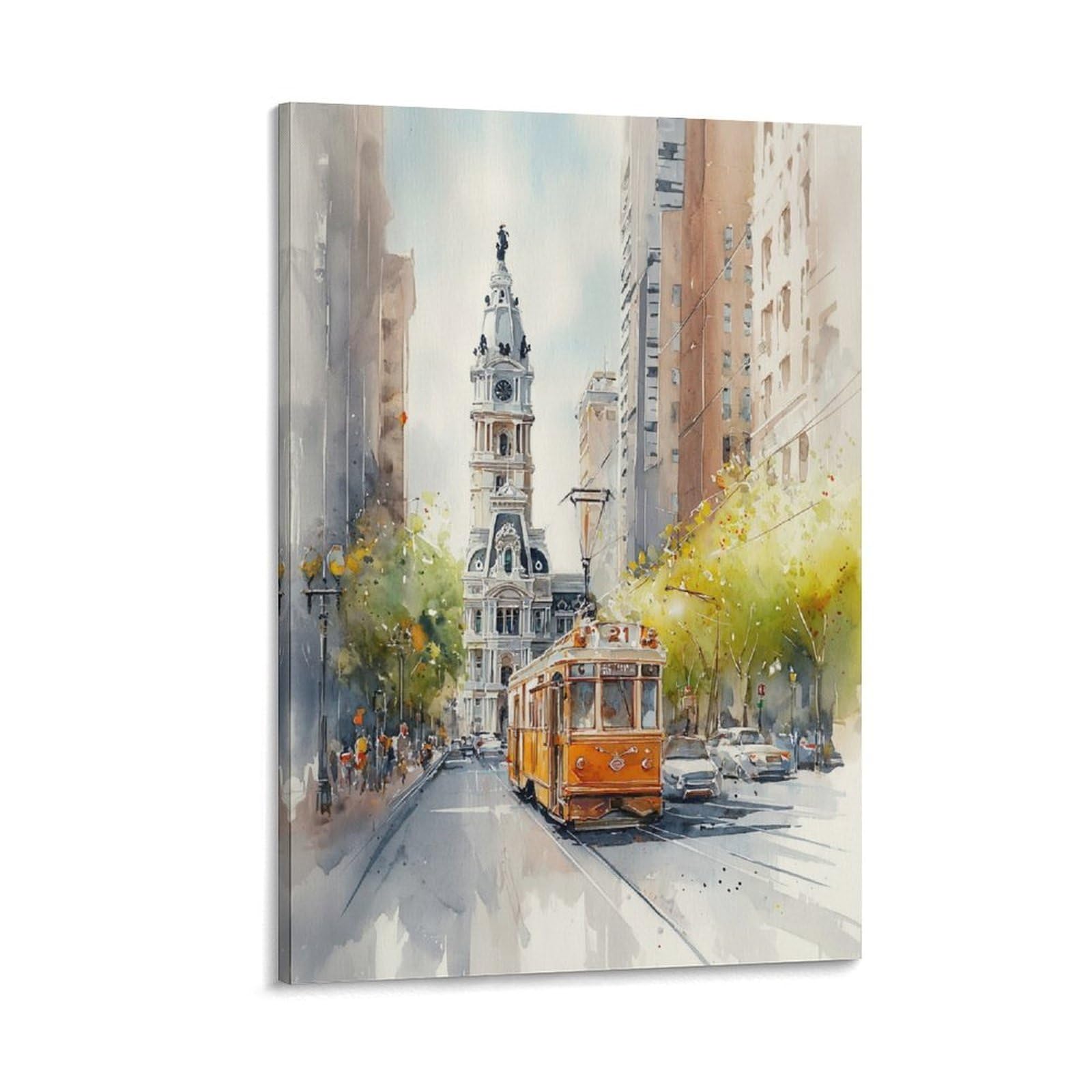 XWYMXZ Philadelphia Trolley Car 20x30inch(50x75cm) Vintage Travel Poster Watercolor Canvas Art