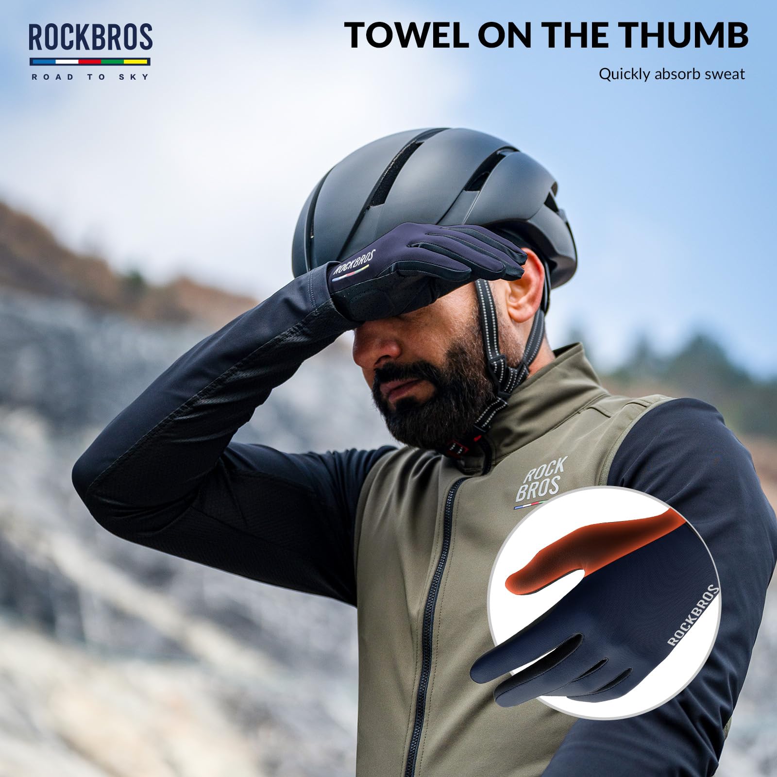ROCKBROS Road-to-Sky Gants de Vélo Homme Femme Plein Doigt Écran Tactile Printemps Été Automne Respirant Antidérapant SBR Coussin Essuyer Sueur Vélo Course Vélo Route Fitness Noir Bleu Blanc Vert M-XL