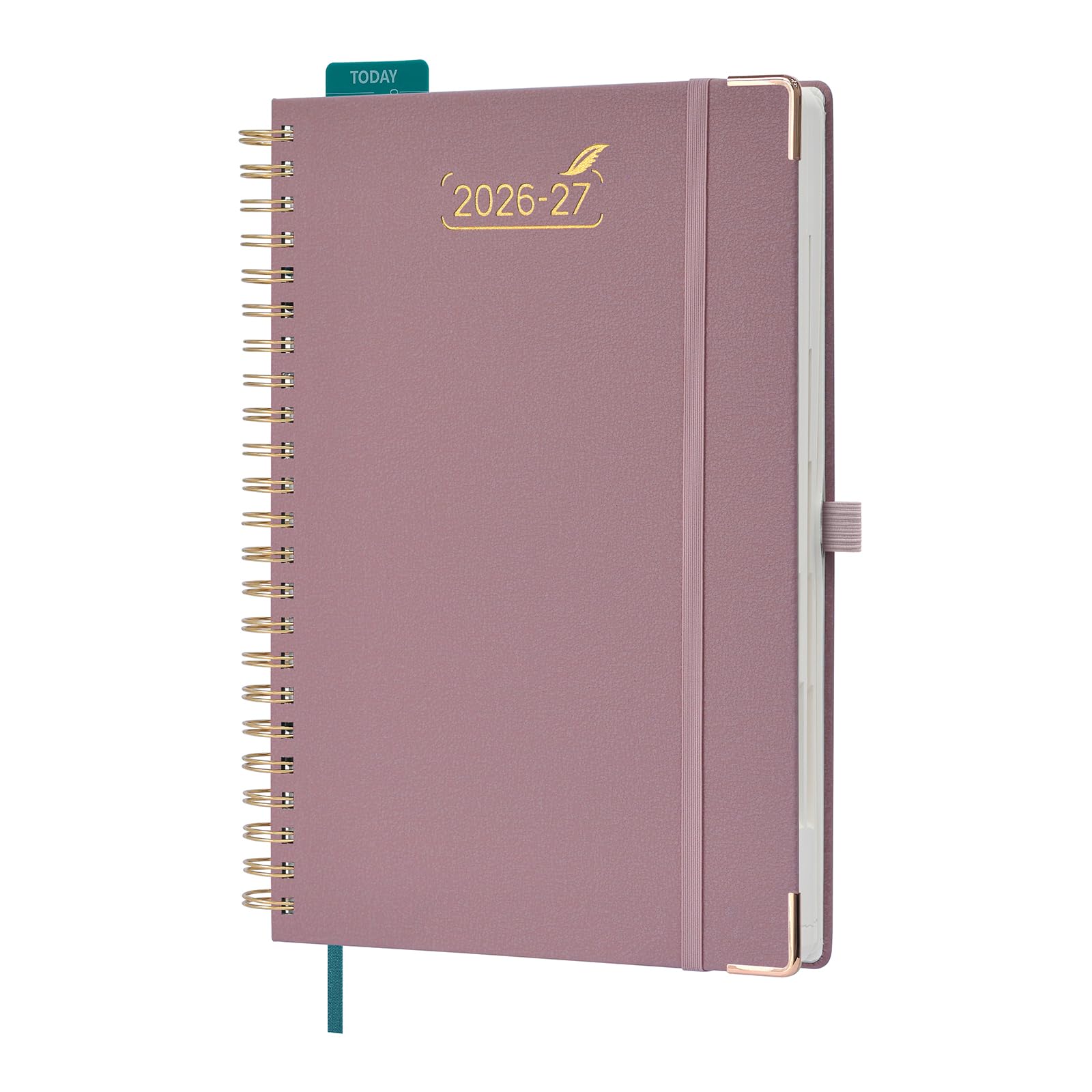 BEZEND Agenda Scolaire 2026-2027 A4 Journalier Spirale 28x22 cm 12 Mois Protège-coins Métal Dorés Couverture Rigide Cuir PU Rose