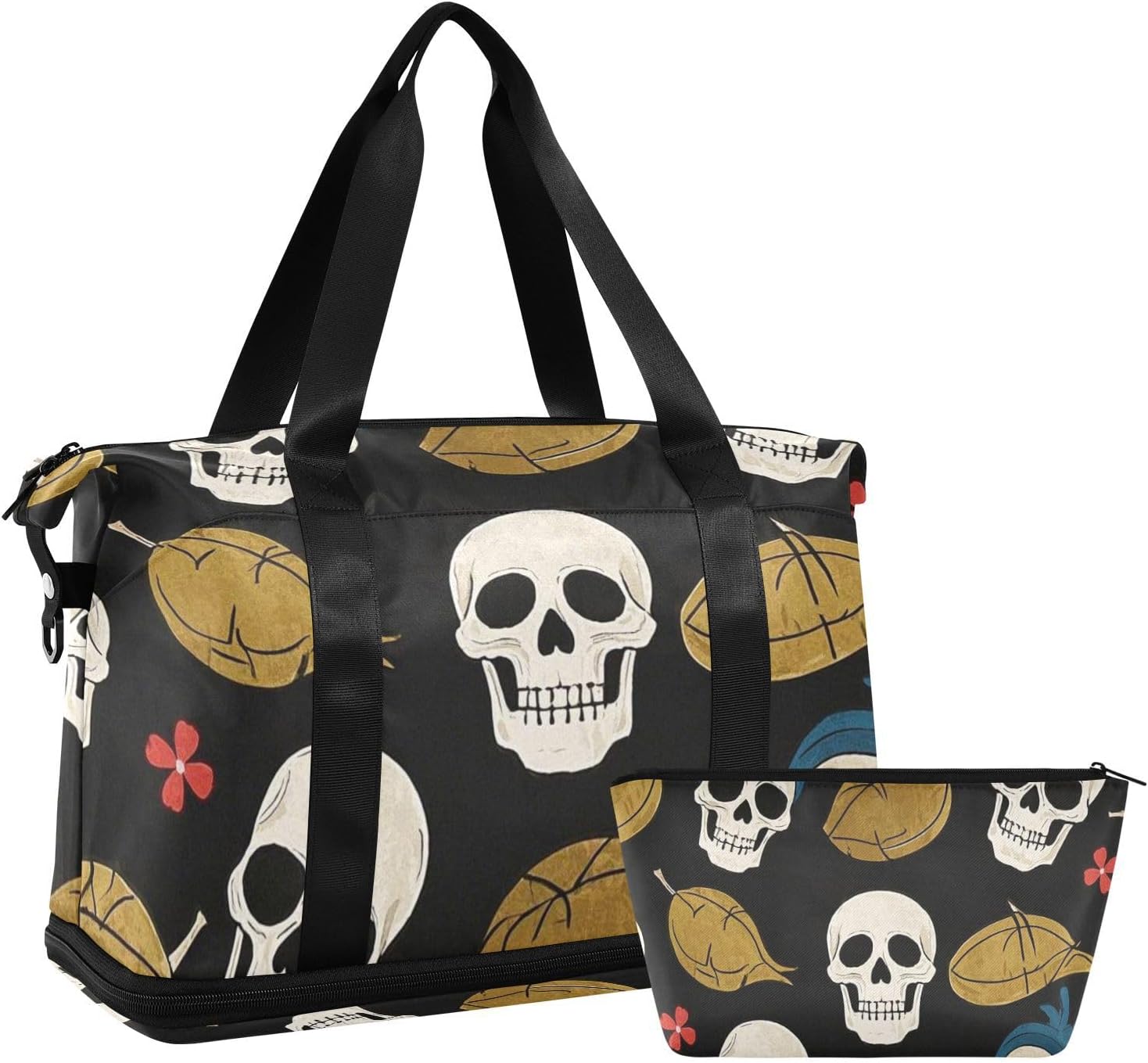 White Skull Sports Tote Gym Bag Gym Bag with Adjustable Strap for Travel 2 Pcs Set