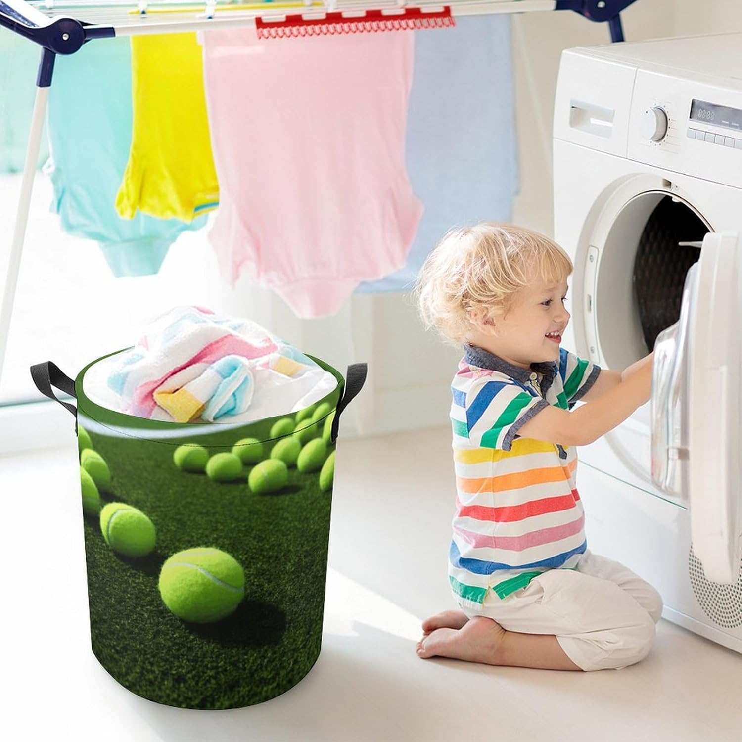 Tennis Balls on Tennis Grass Court Laundry Basket Collapsible Clothes Hamper with Reinforced Handles Large Capacity Waterproof Laundry Bag Freestanding Laundry Hamper for Bedroom Bathroom
