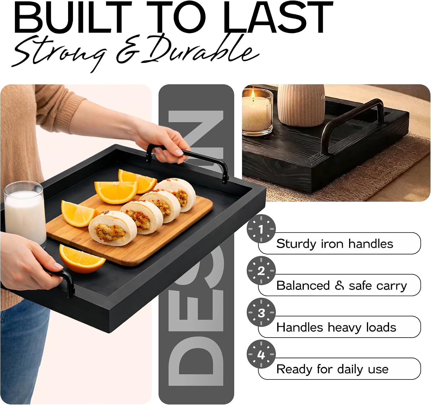 Besti Rustic Vintage Food Serving Trays (Set of 2) | Nesting Wooden Board with Metal Handles | Stylish Farmhouse Decor Serving Platters | Large: 15 x2 x11” - Small: 13 x2 x9” (Black) image 3