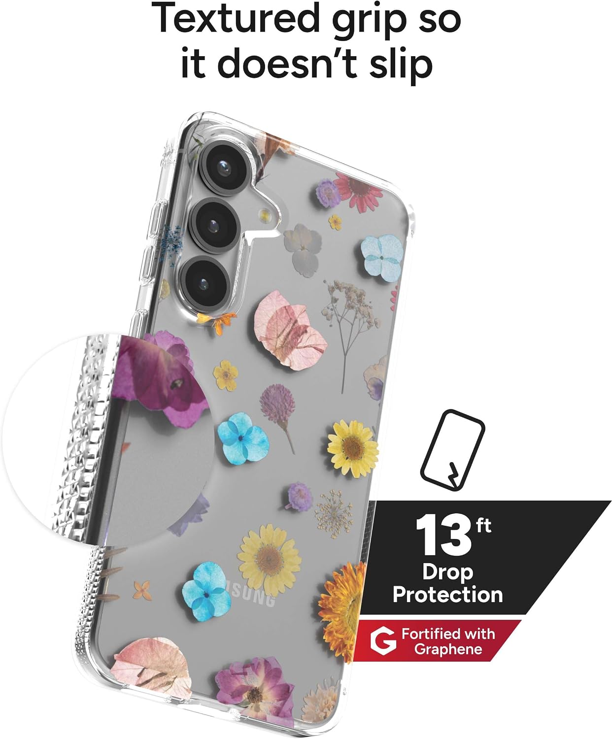 ZAGG Milan Samsung Galaxy S25 Case – Slim Lightweight Design, Drop Protection up to 13ft, Wireless Charging Compatible, Stylish & Eco-Friendly, Pressed Floral