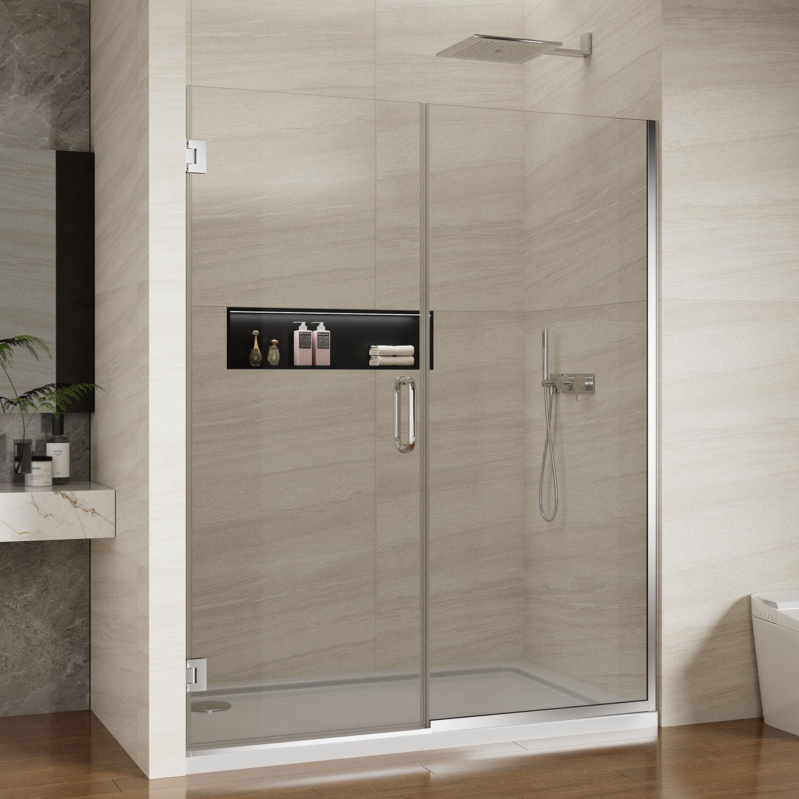 Photo 1 of Pivot Swing Shower Door, Adjustable Width 59-60" W x 74" H Semi-Frameless Shower Glass Door with 5/16 in (8mm) Clear SGCC Tempered Glass with Nano Easy-Clean Coating (Chrome)