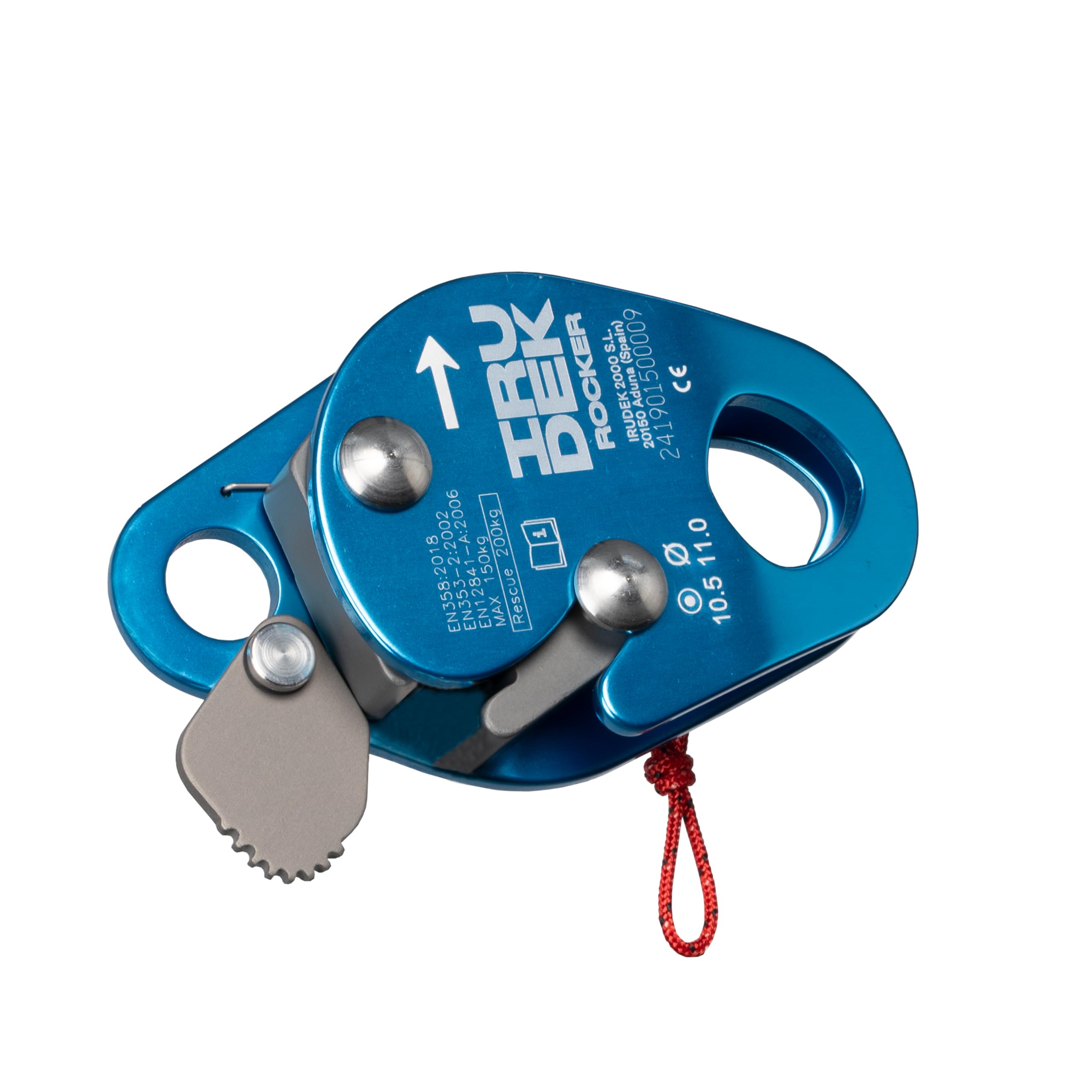 Irudek ROCKER - Dispositivo anti-caduta scorrevole in alluminio senza corda, blocco automatico, uso senza assorbitore, corda Ø10,5-12,7 mm, EN 353-2 / EN 358 / EN 12841-A, 180 g