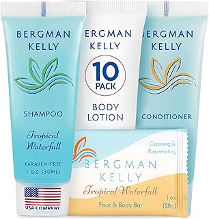 Bergman Kelly Hotel Toiletries Bundle (Tropical Waterfall, 1 oz each, 40 Pcs) 4-Piece Set: 10 Rectangular Bar Soap, 10 Shampoo, 10 Conditioner & 10 Body Lotion - Bulk Mini Guest Amenities Supply
