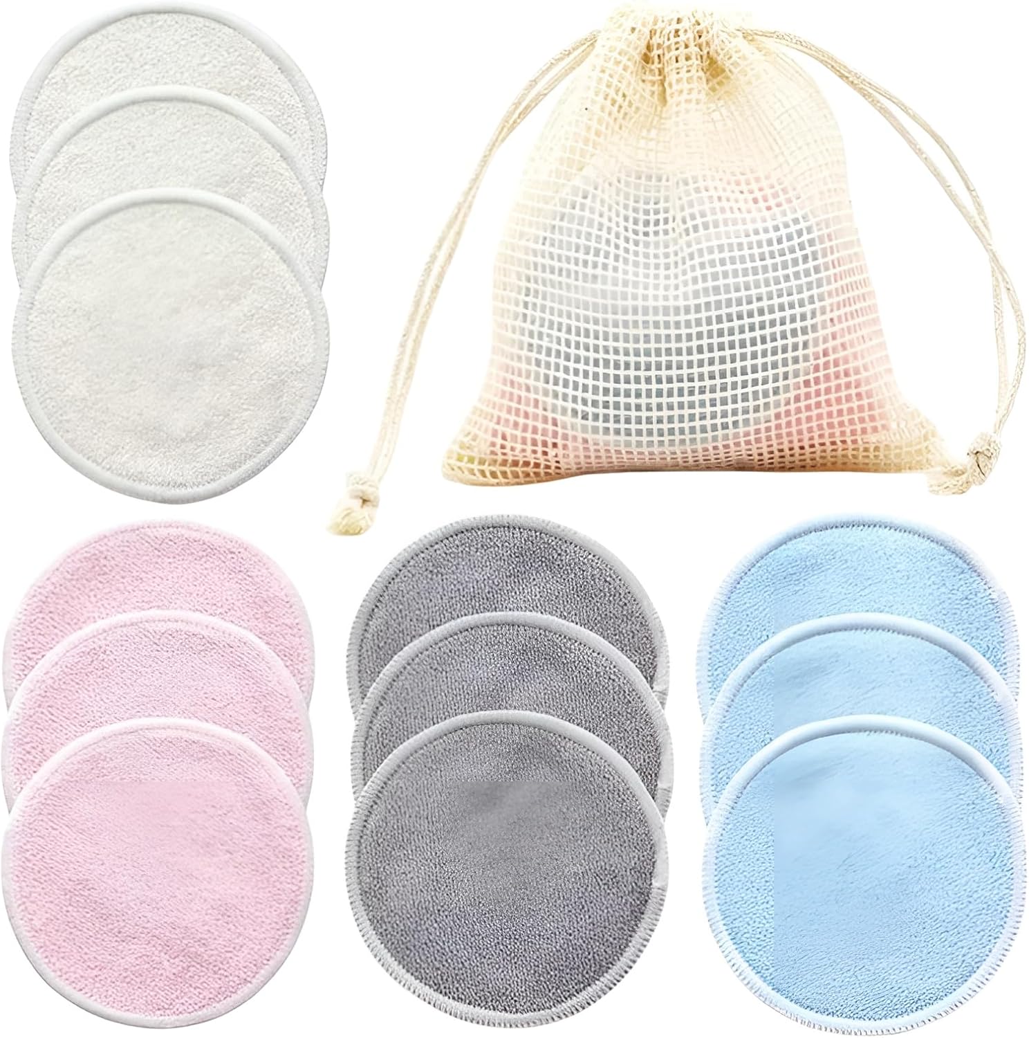 12-Pack Reusable Makeup Remover Pads – Washable Bamboo Cotton Rounds with Laundry Bag – Eco-Friendly Facial Cleansing Pads for All Skin Types (Mix Color)