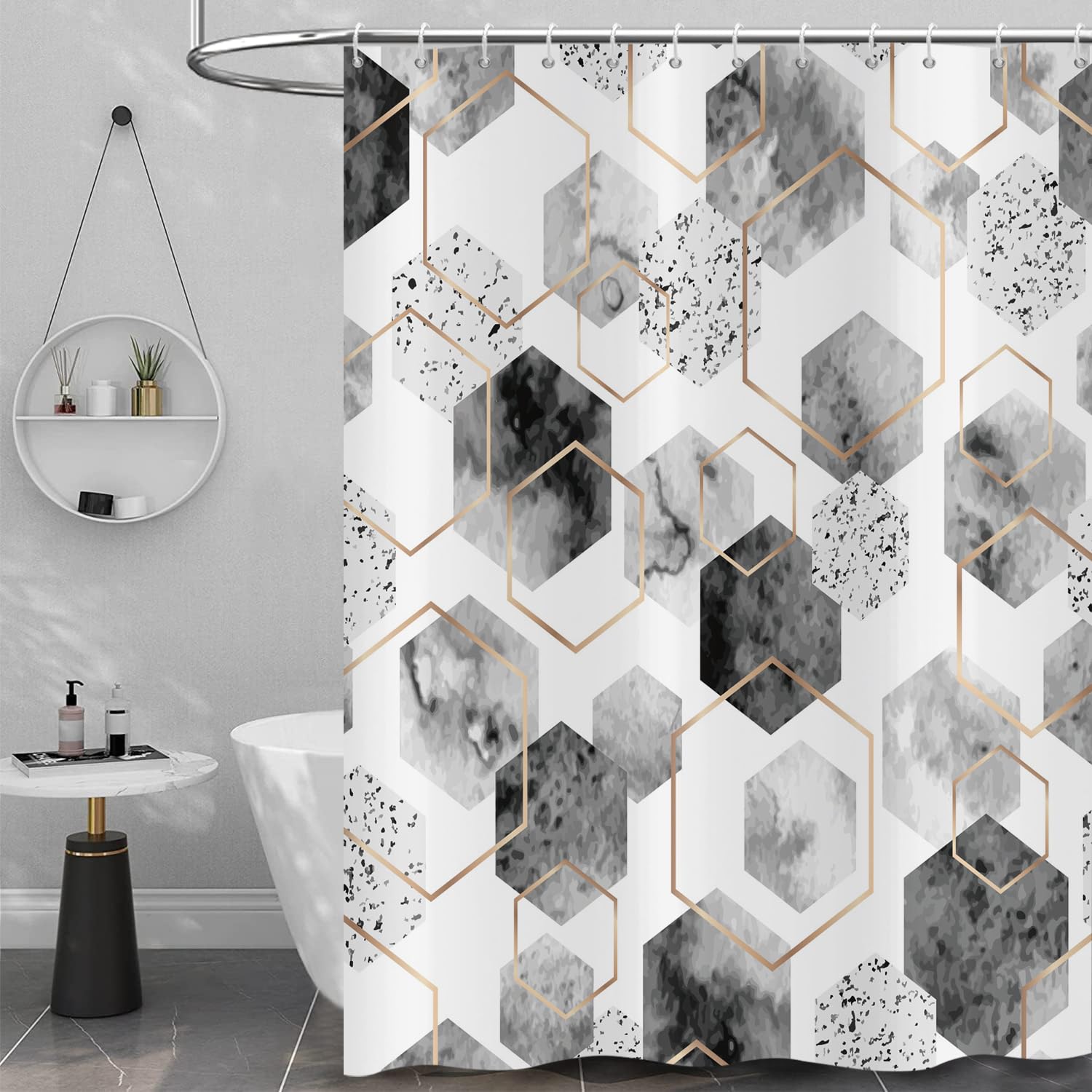 Hnmdmyi Grey Shower Curtain 200x180, Abstract Geometric Modern Grid Pattern Minimalist Bathroom Curtains with Hooks Waterproof Polyester Fabric Washable Bath Curtains for Wet Room