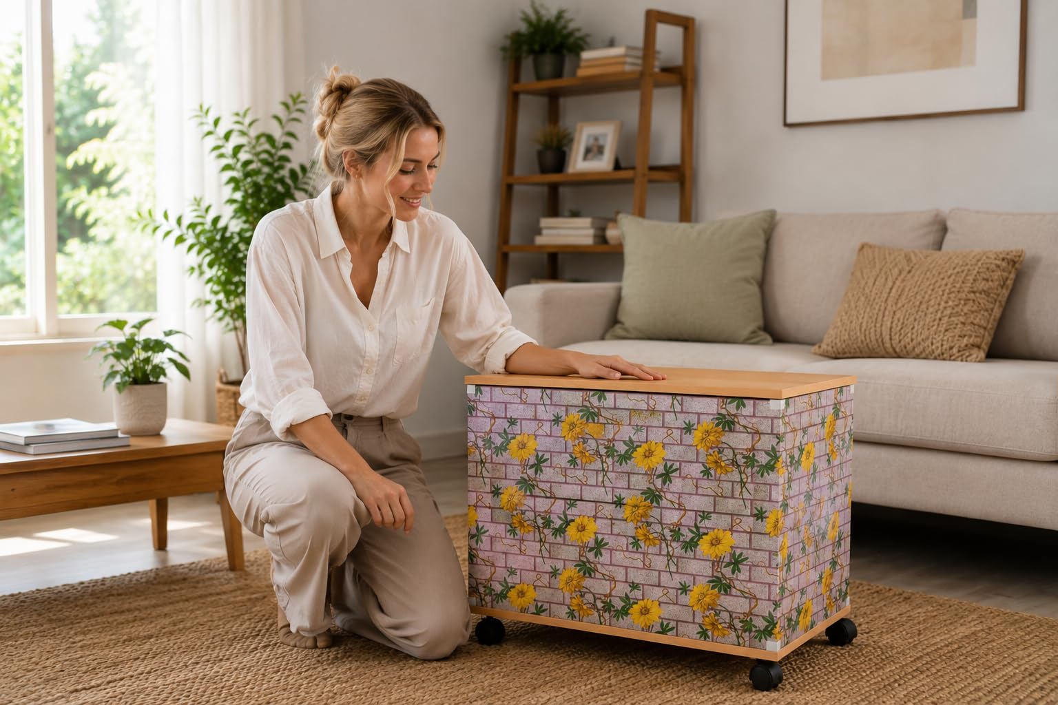 Inverter Battery Trolley with Wheels, Sunflower Bloom Finish, Heavy Duty Wooden Inverter Stand for Home, Durable Battery Storage Cabinet with Castor Wheels-image-18