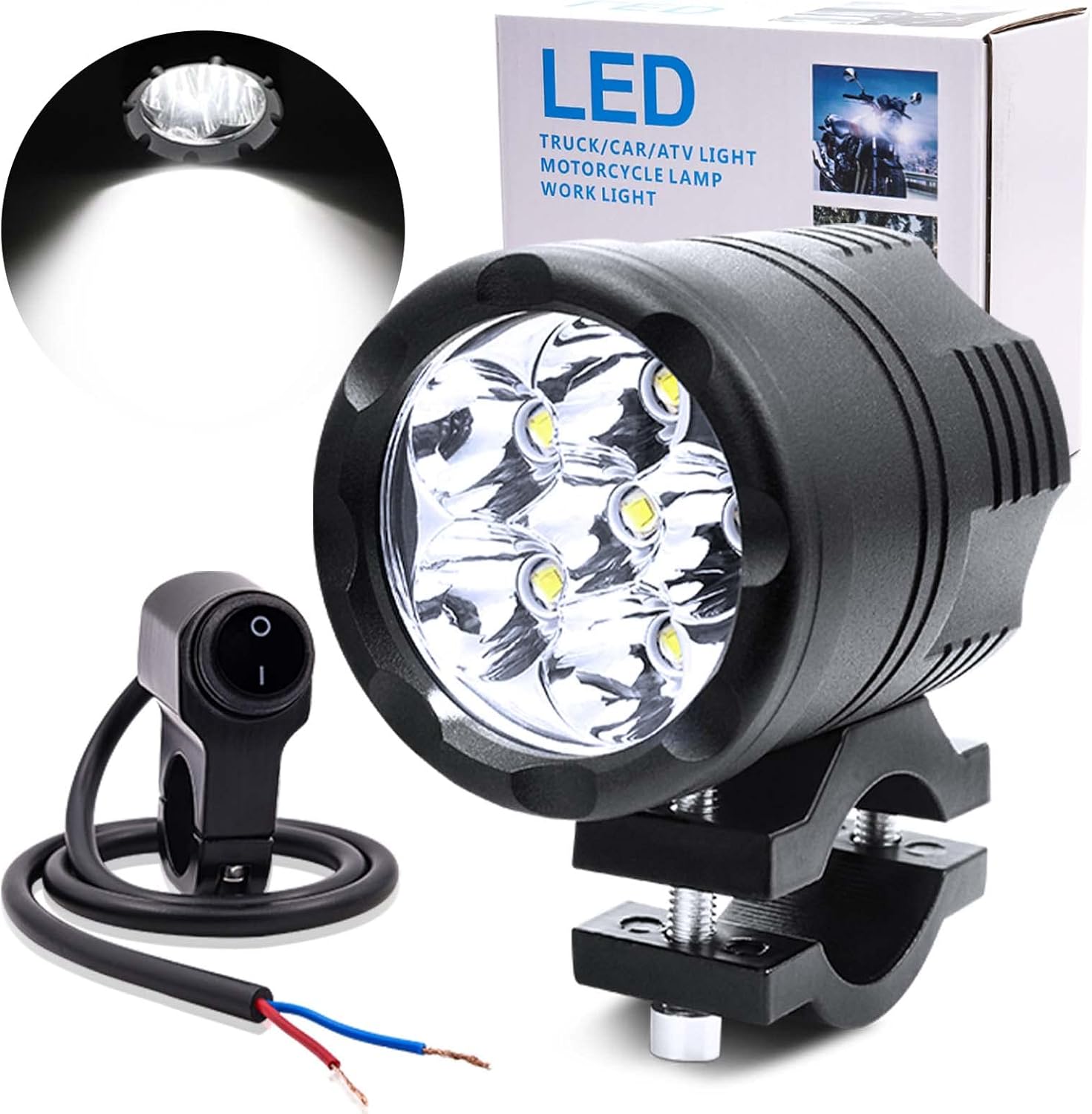 Universal 6 LED Motorcycle Driving Lights - 2.5 Inch LED Pod 60W Spotlight Fog Light Kit with Wiring Harness Switch & Yellow Cover Lens