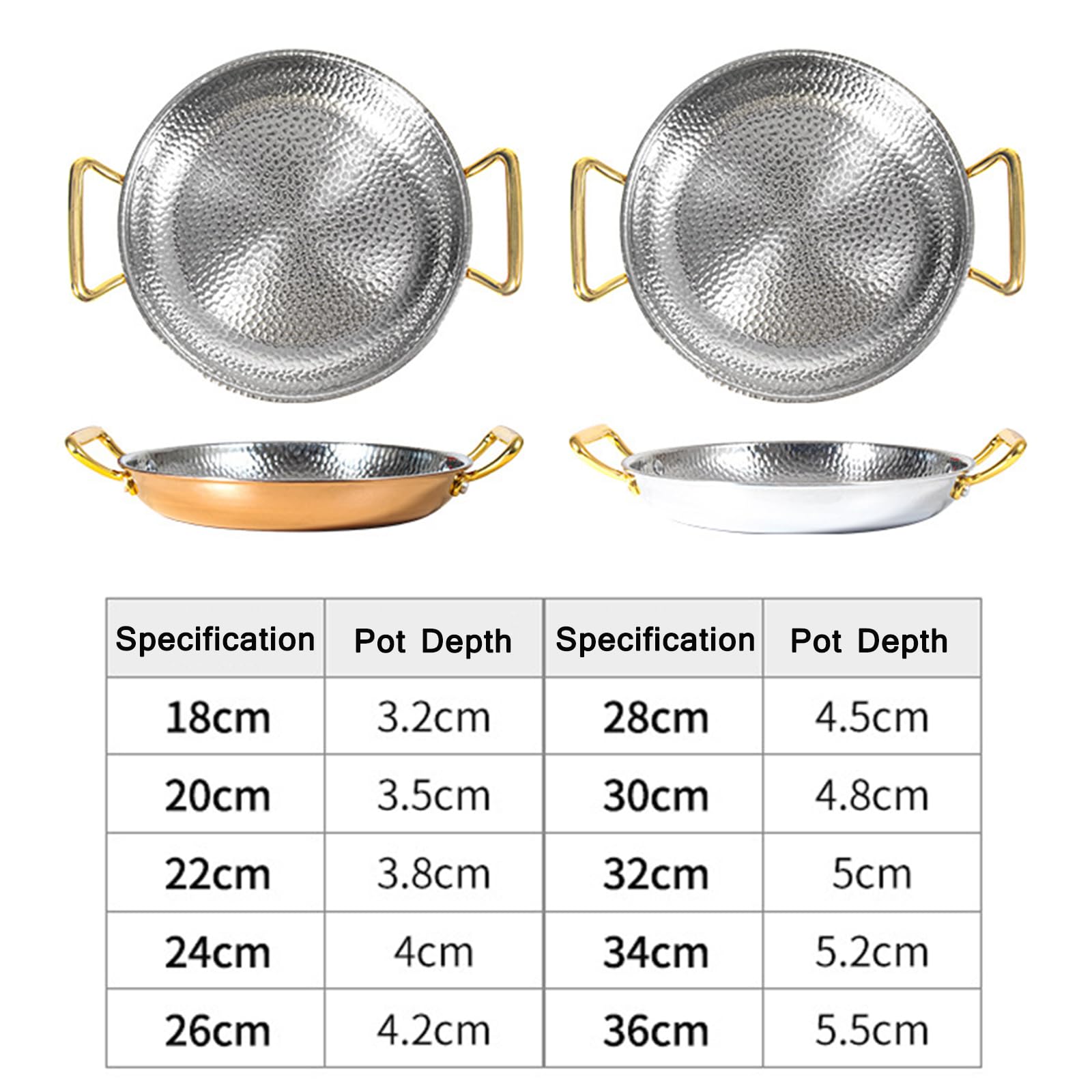 SVRITE Paellera de acero inoxidable martillada a mano de 16 a 36 cm, antiadherente, doble asa, wok, tradicional mariscos, España, plato para servir filetes para el hogar, cocina, restaurantes (22 cm