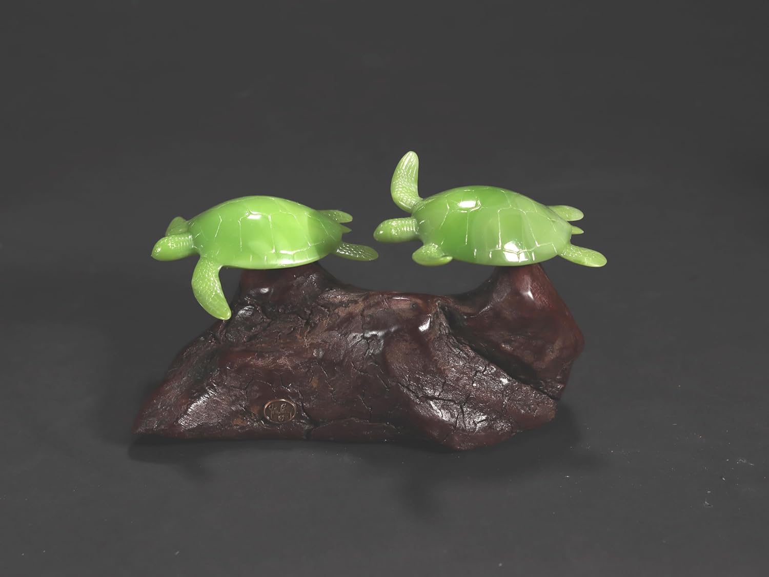 Turtle Duo Sculpture by John Perry Jade 6in Long on Polished Burlwood Base. Signed.