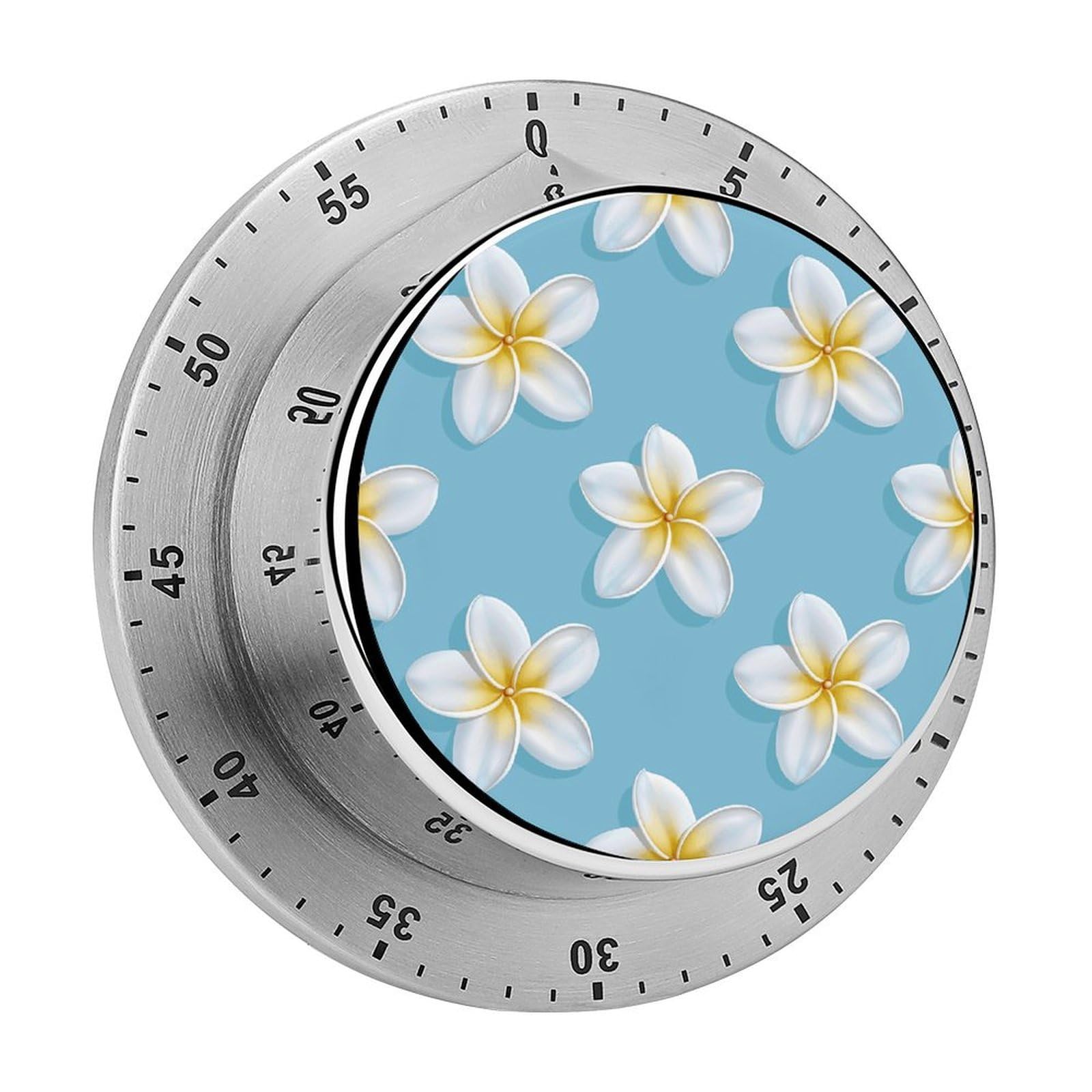 White Plumeria Pattern Timer Fashion Visual Timers Wind Up 60 Minutes Desk Timers Stainless Steel Magnetic Timer Countdown Clock No Batteries Loud Alarm for Kitchen Chef Cooking