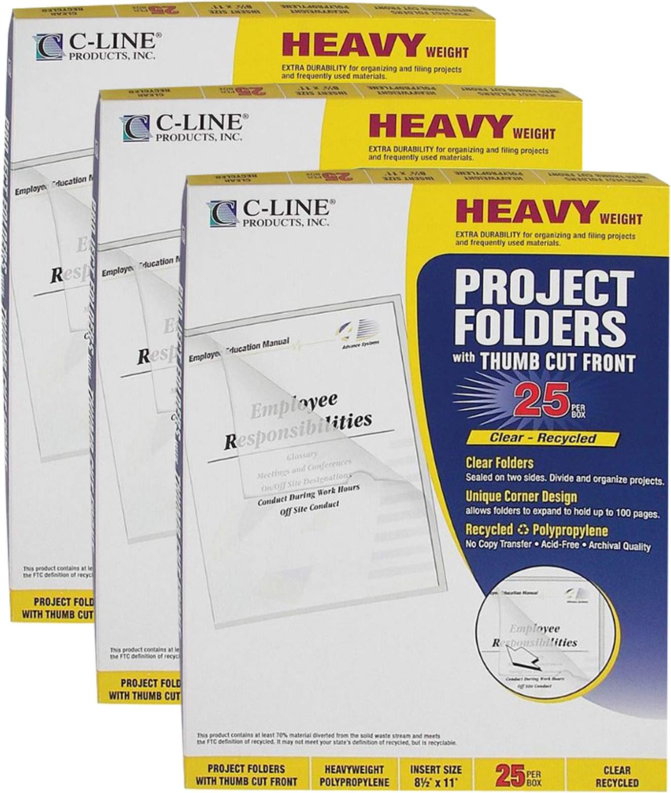 C-Line Recycled Poly Project Folders, Clear, Reduced Glare, 11" x 8-1/2", 25 Per Box, 3 Boxes, CLI62127-3