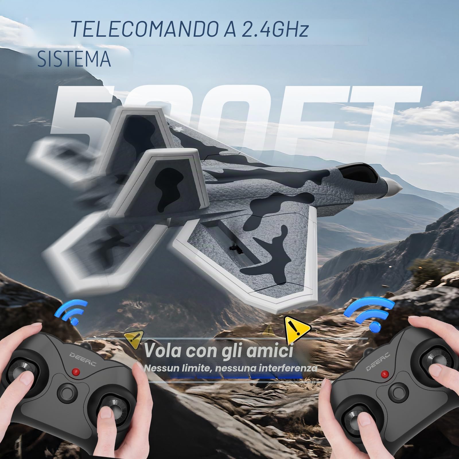 DEERC 2CH F22 Avione telecomandato Raptor con luci, aereo da caccia telecomandato, aliante RTF con stabilizzatore giroscopico a 6 assi 2,4 GHz, con 2 batterie, facile da pilotare per bambini